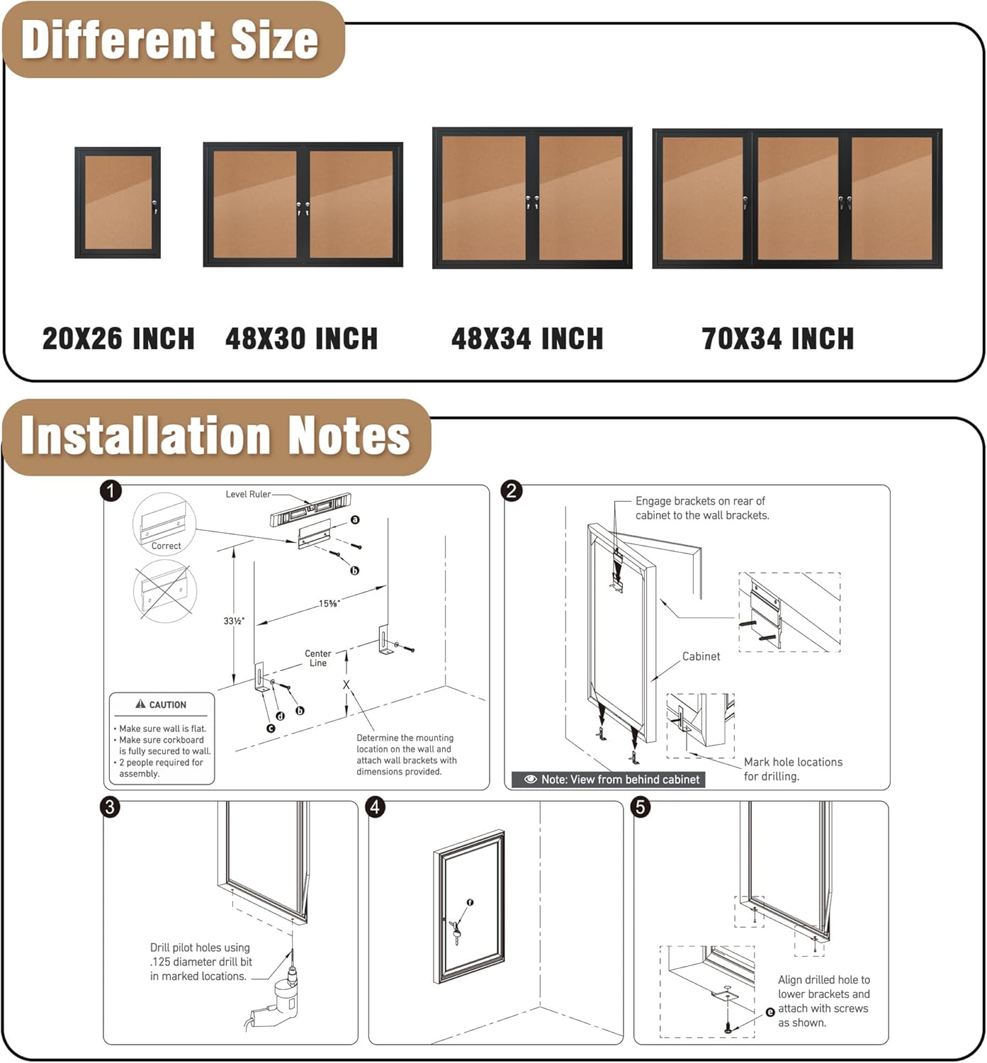 26"x20" Enclosed Bulletin Board, Outdoor Lockable Weather-Resistant Aluminum Cork Noticeboard for School & Office, Black Frame w/Cork
