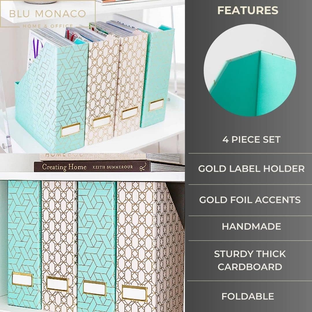 BLU MONACO Set of 4 Foldable Cute Magazine File Holders with Gold Label Holders – 2 Pink & 2 Aqua with Fun Gold Geometric Patterns – Stylish & Durable Magazine Storage for Home & Office