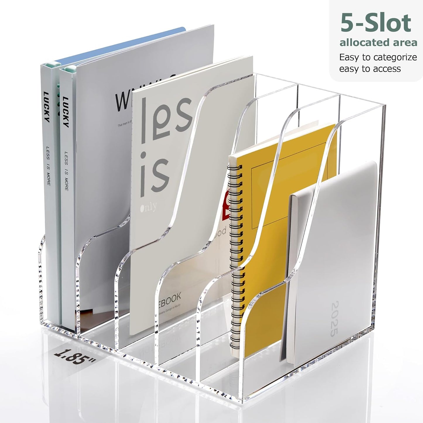 SANRUI Acrylic Desk Organizers, Clear Magazine File Holder, 5 Vertical Compartments A4 Folder Binder Holders Sorter, Office Desktop Workspace Organization Storage Rack for Office Home School