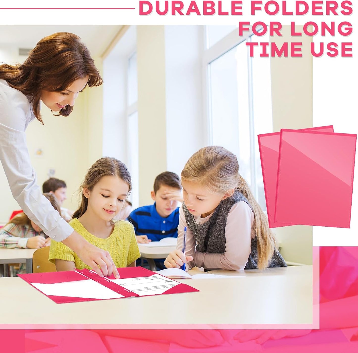 Henoyso 72 Pcs Plastic Folder with Clear Front Pocket and 3 Prong Plastic Folders with Card Slot Pocket Folders with Prongs for School Office (Rose Pink)