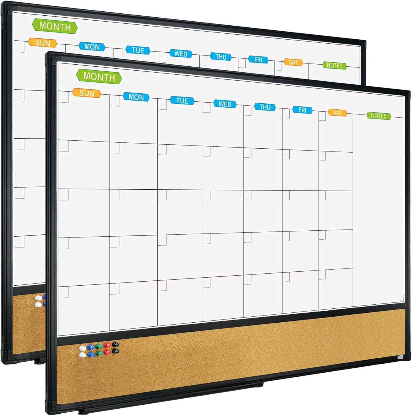 JILoffice Magnetic Calendar Whiteboard & Bulletin Corkboard Combination, Combo Board 36 x 24 Inch, 2 Pack, Black Aluminum Frame Wall Mounted Board for Office Home and School with 10 Push Pins