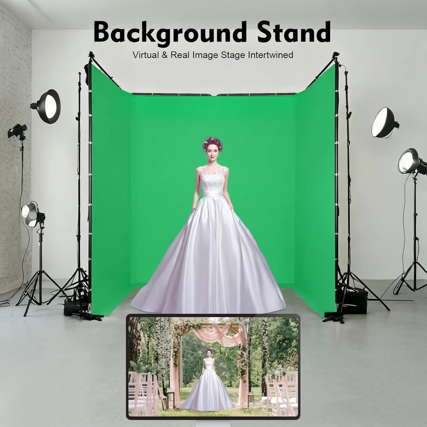 7.87ft x 13.12ft Large Green Screen Backdrop with Stand, Portable Foldable Photography Backdrops Large Collapsible Backdrop System for Photo Studio Video Shooting, Live Streaming (Green)