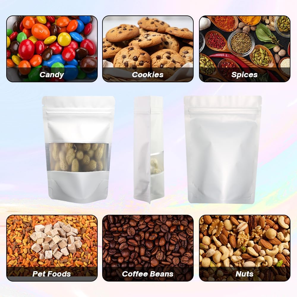 4CP 100 Pcs White Zipper Smell Proof Bags with Window, 3.5x5.0 Inch Stand Up Foil Pouches for Food Selfsealing Storage, Reusable Bag for Packaging Small Business, Cookies, Nunt, Candy