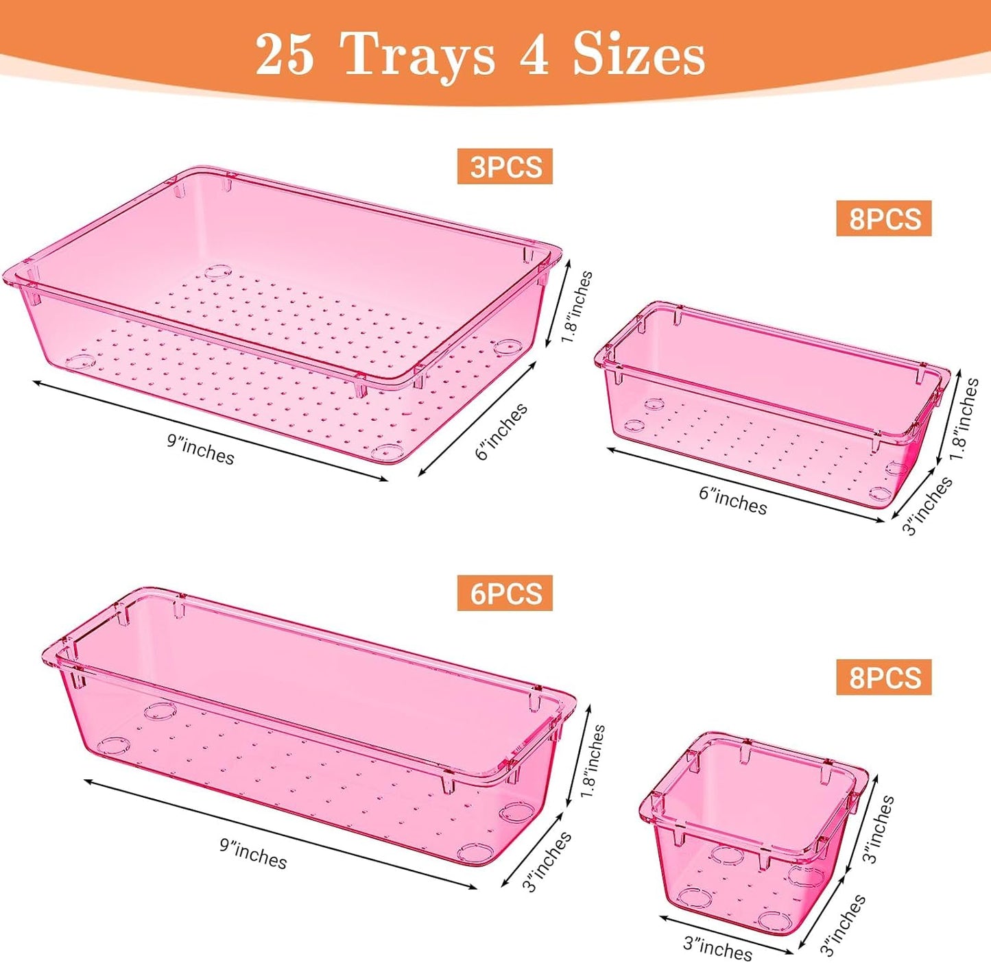 25 PCS Plastic Drawer Organizer Set, 4-Size Versatile Organizer Trays & storage Bins for Makeup, Jewelry, and Gadgets in Bathroom, Bedroom and Office, Clear Pink