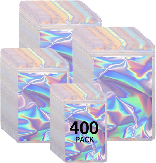 400 Pack 4 Sizes Resealable Mylar Holographic Bags Food Storage Smell Proof Bags with Front Window Foil Packaging Pouch for Sample Jewelry Small Business (Holographic,3x4.7,3.1x5.5,4x 6,4.7x 7.9in)