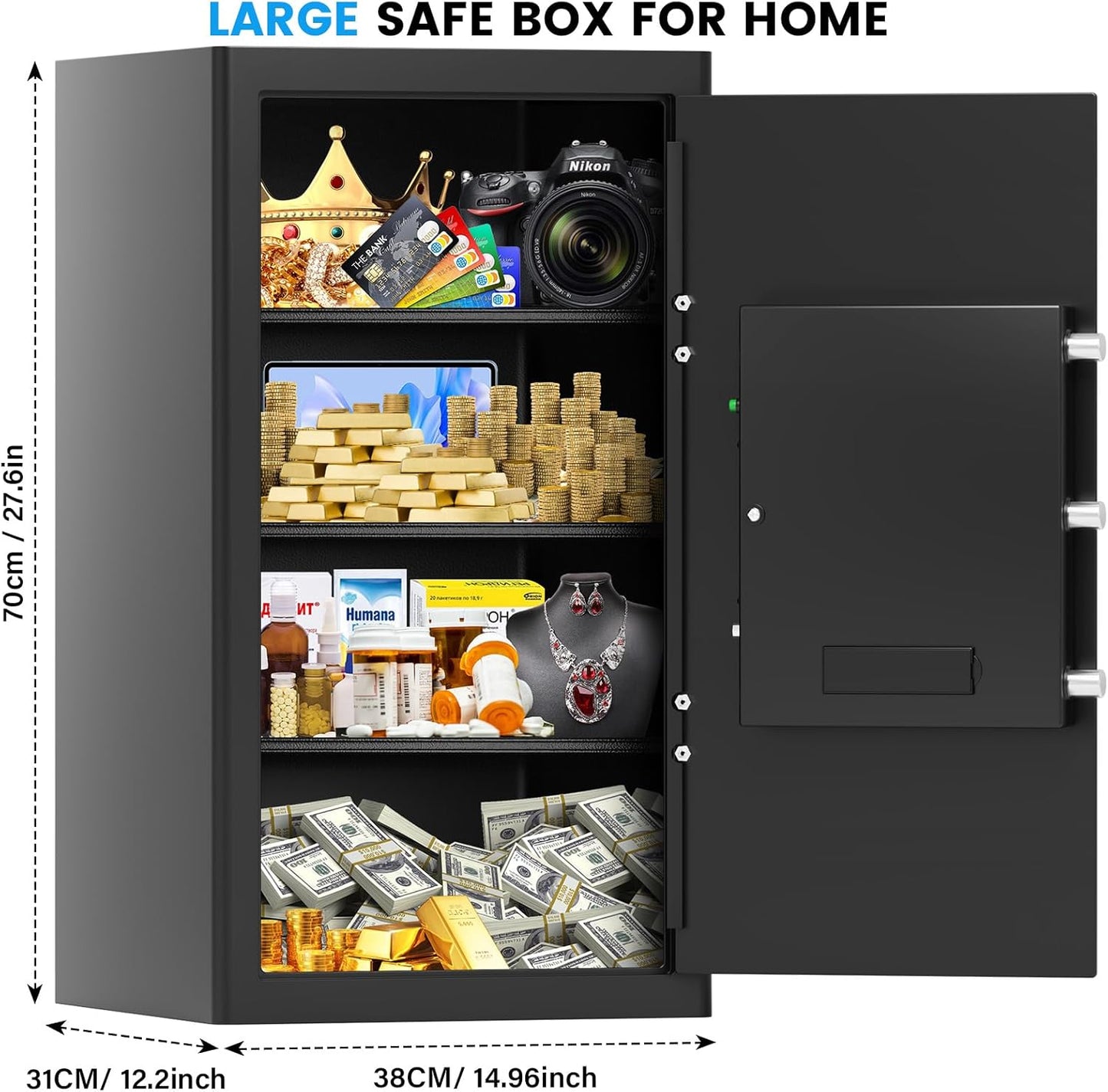 6.0 Cuft Large Home Safe Fireproof Waterproof, Anti-theft Fireproof Safe Box with Combination Lock, Alarm Systerm and Removable Shelf, Digital Document Fire Safes for Home Money Valuables
