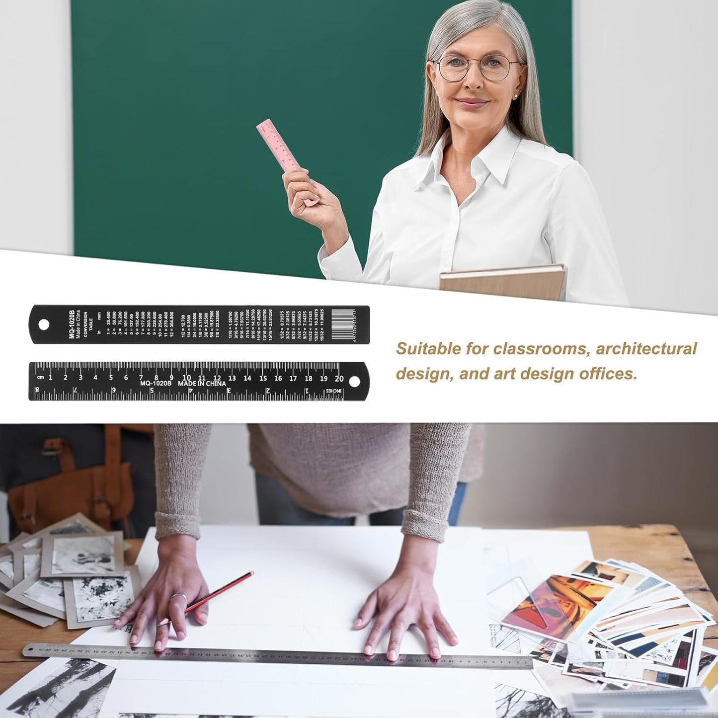 HARFINGTON 2pcs Metal Straight Ruler 20cm Metric SAE Aluminum Alloy Measuring Rulers Scale Tool with Hole for Measure Study Reading Classroom Office, Black