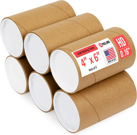 4" x 6" Heavy-Duty Reinforced Cardboard Mailing Tube, Pack of 6 Tubes with 12 Caps – Secure USPS Approved – Great for Shipping and Storing of Prints, Artwork, Posters or Documents