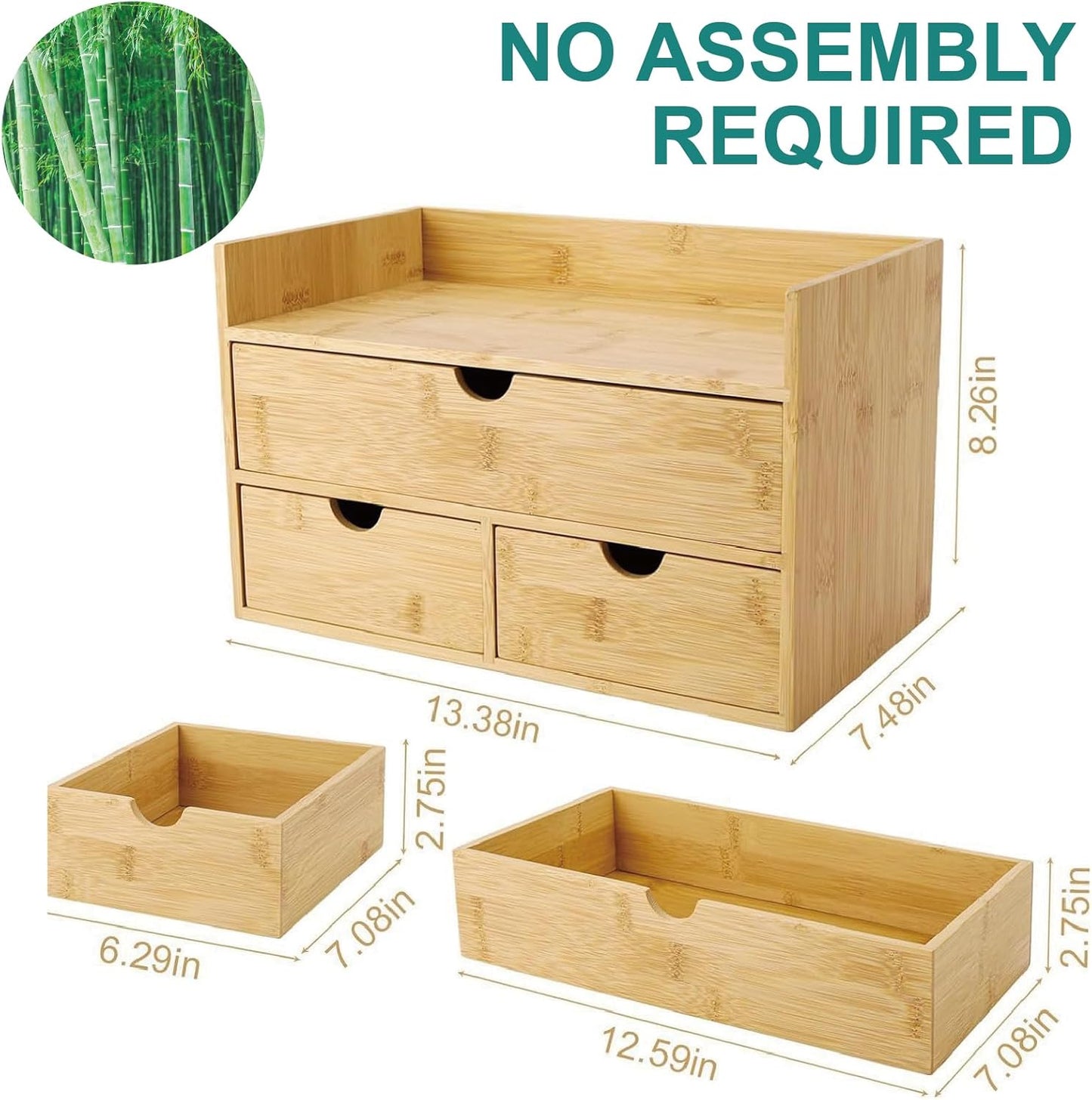 3 Drawer Bamboo Desk Organizer with Shelf – Makeup Storage & Tabletop Organizer for Home Office, Workspace, or Bathroom – No Assembly Required