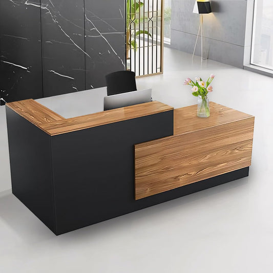 Modern Reception Desk with Counter and Drawer Office Front Desk with Cabinet Wooden Commercial Reception Table Checkout Counter for Retail Salon Lobby Black and Wood Right 79inch/200cm