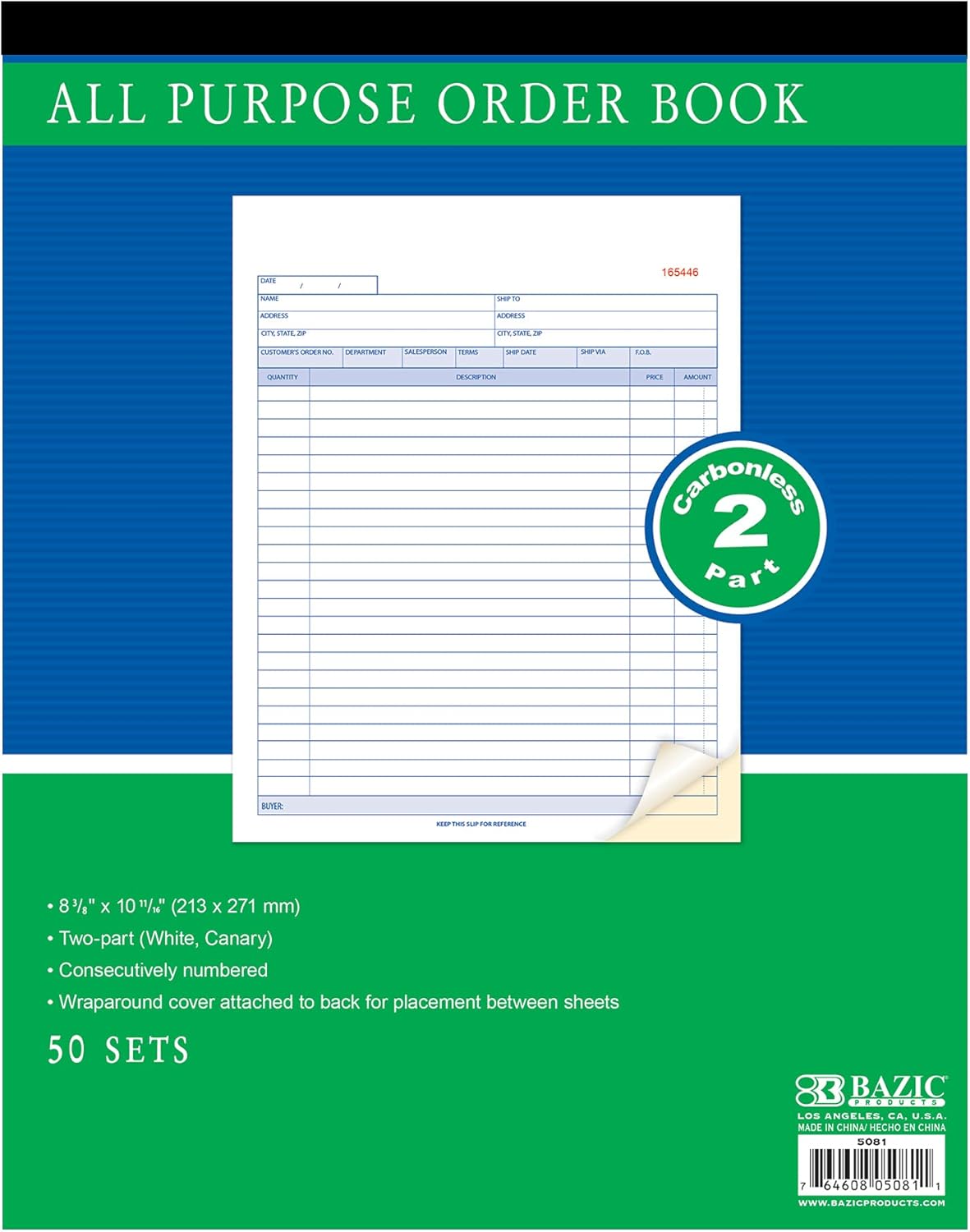 BAZIC All Purpose Order Book, 50 Sets 8 3/8" x 10 11/16" 2-Part Carbonless, White & Bound Wraparound Cover (50 Sets/Pk), 1-Pack