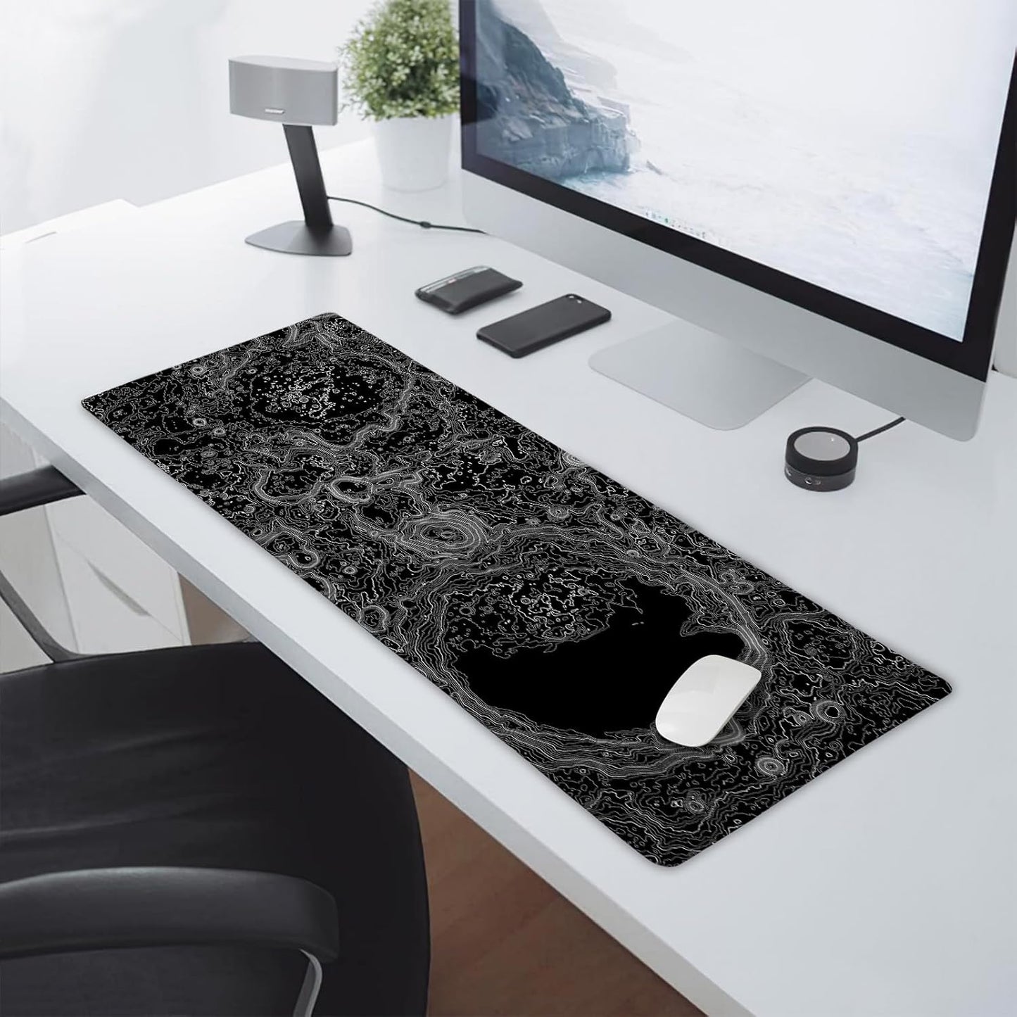 Black Whtie Topographic Gaming Mouse Pad XL Topo Moon Relief Map Extended Large Mat Mousepad Desk Pad Non-Slip Rubber Base Stitched Edge Long Keyboard Playmat for Desk Computer,31.5×11.8 Inch