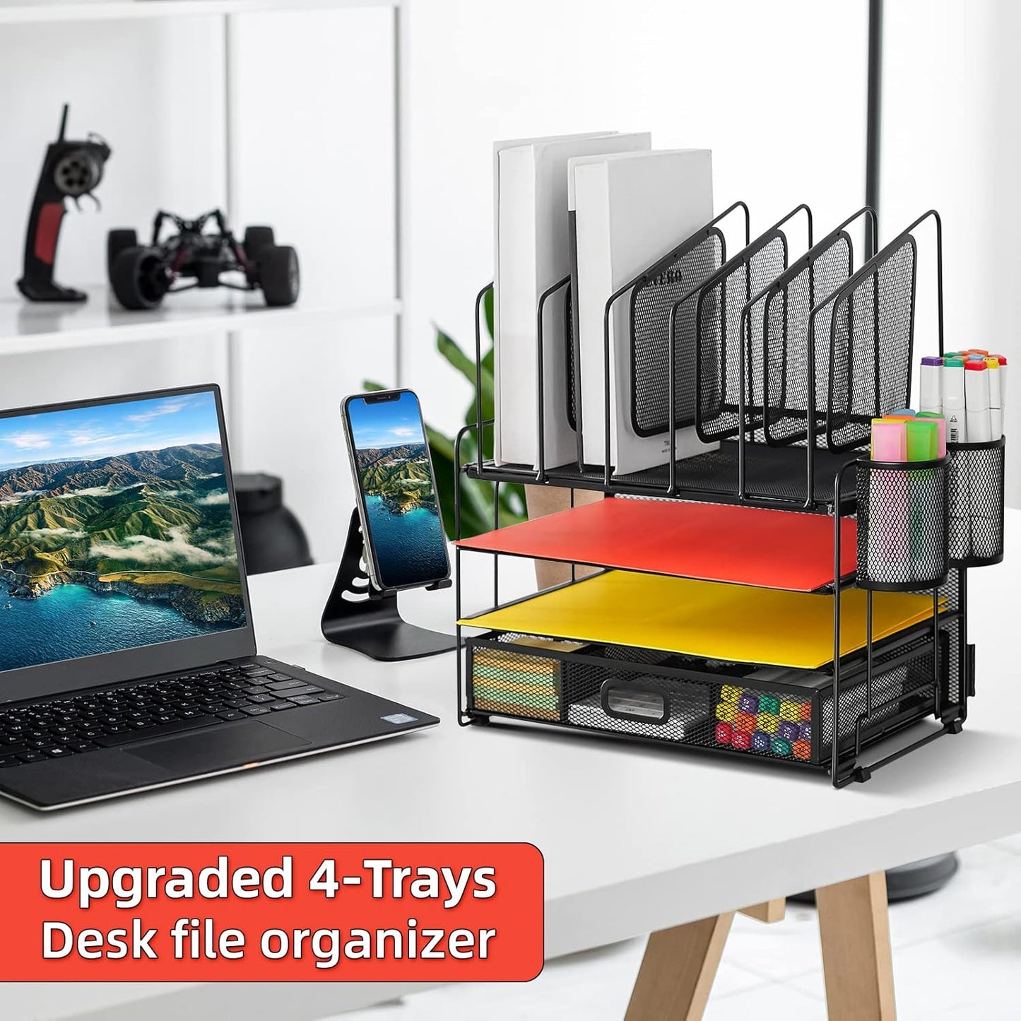 Marbrasse Desk organizer with Drawer, 4-Tier Mesh File Organizer with 5 Vertical File Holders and 2 Pen Holders, Multifunction Desktop Organizer,Desk Organizers and Accessories for Home Office