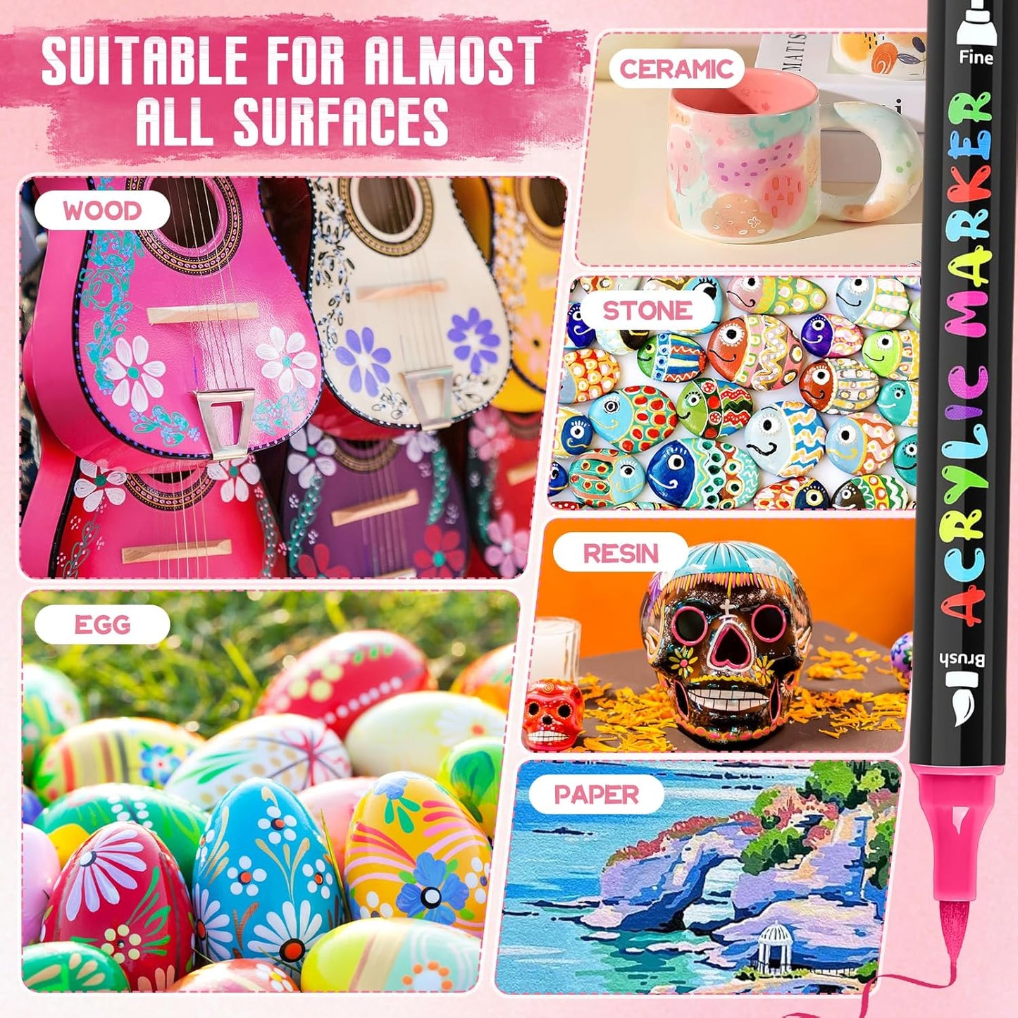 IVSUN Acrylic Paint Pens, 60 Colors Dual Tip Paint Markers with Fine Tip and Brush Tip for Stone, Wood, Canvas, Calligraphy, Ceramic, Metal, Glass, Rock Painting, DIY Crafts Art Supplies Kit