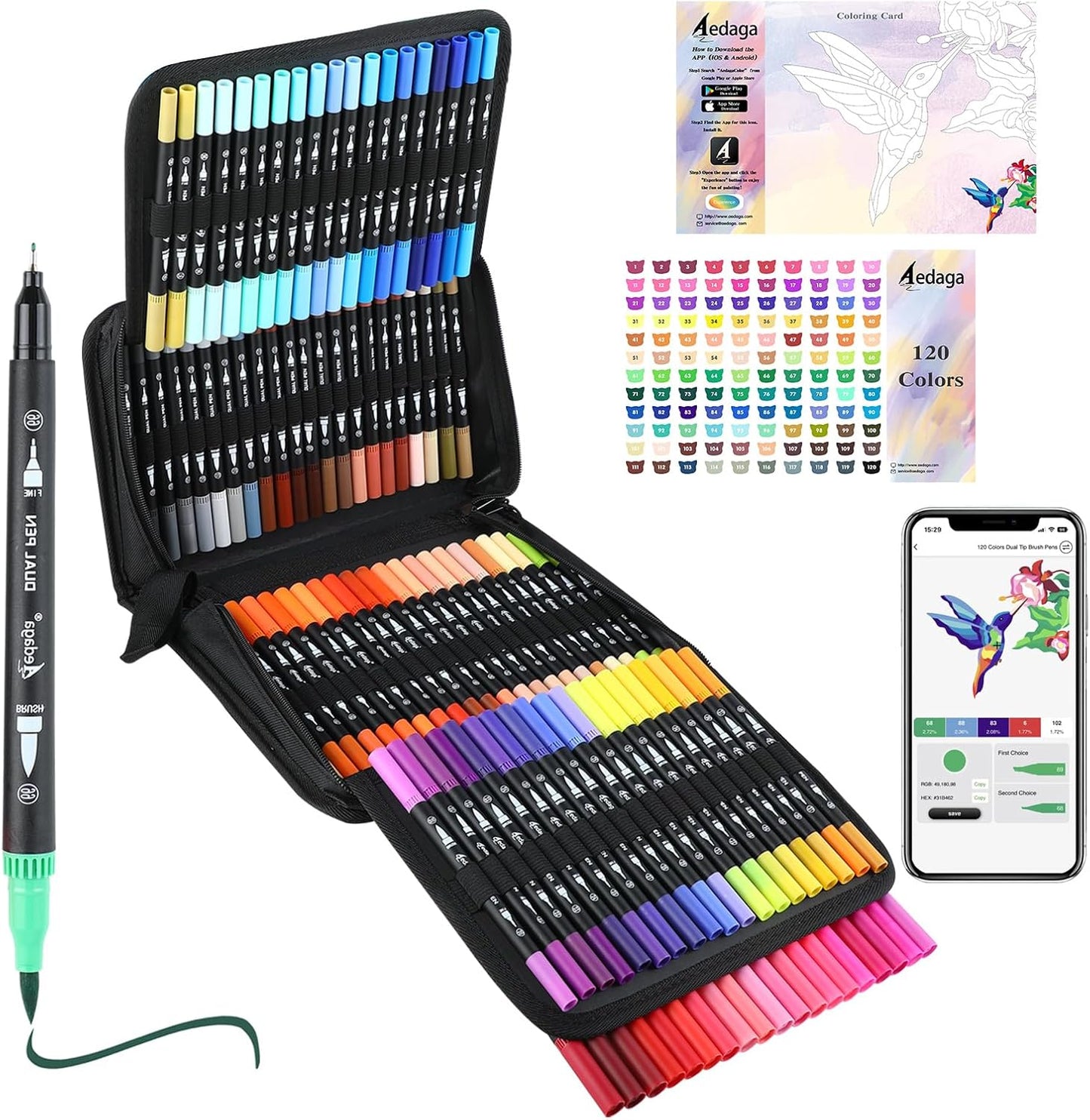 120 Colors Dual Brush Markers, Fine and Brush Tips Numbered Pens with App, for Adults and Kids, Coloring Book Bullet Journaling Note Taking Planner Hand Lettering Calligraphy Drawing Art Supplies Kit
