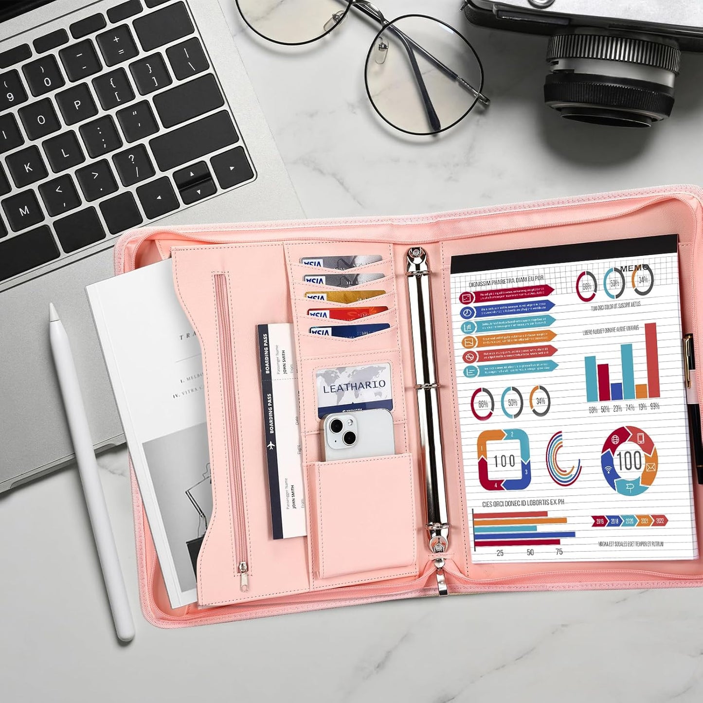 Leathario Portfolio Binder, Includes 10 Sheet Protectors and 3 Notepads, 3-Ring Folder Organizer, A4 Padfolio with Zipper, Vegan Leather Tablet Sleeve, Business Office Conference Clipboards