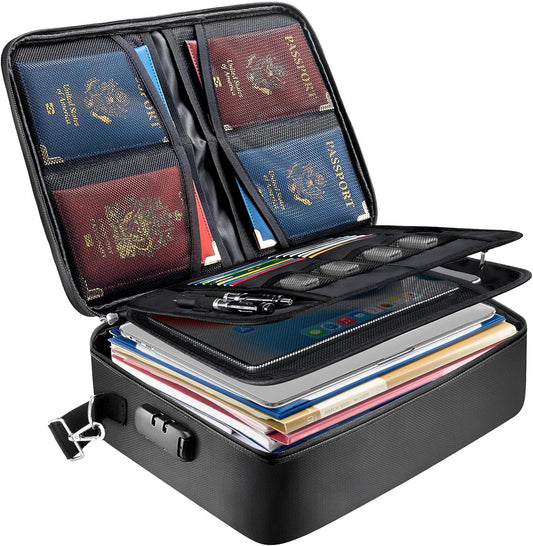 BALEINE Fireproof Document Box with Lock, Portable Fireproof Document Bag Waterproof Fire Proof File Boxes for Documents, File Organizer Box for Important Paperwork (Black, 15''x11''x4'')