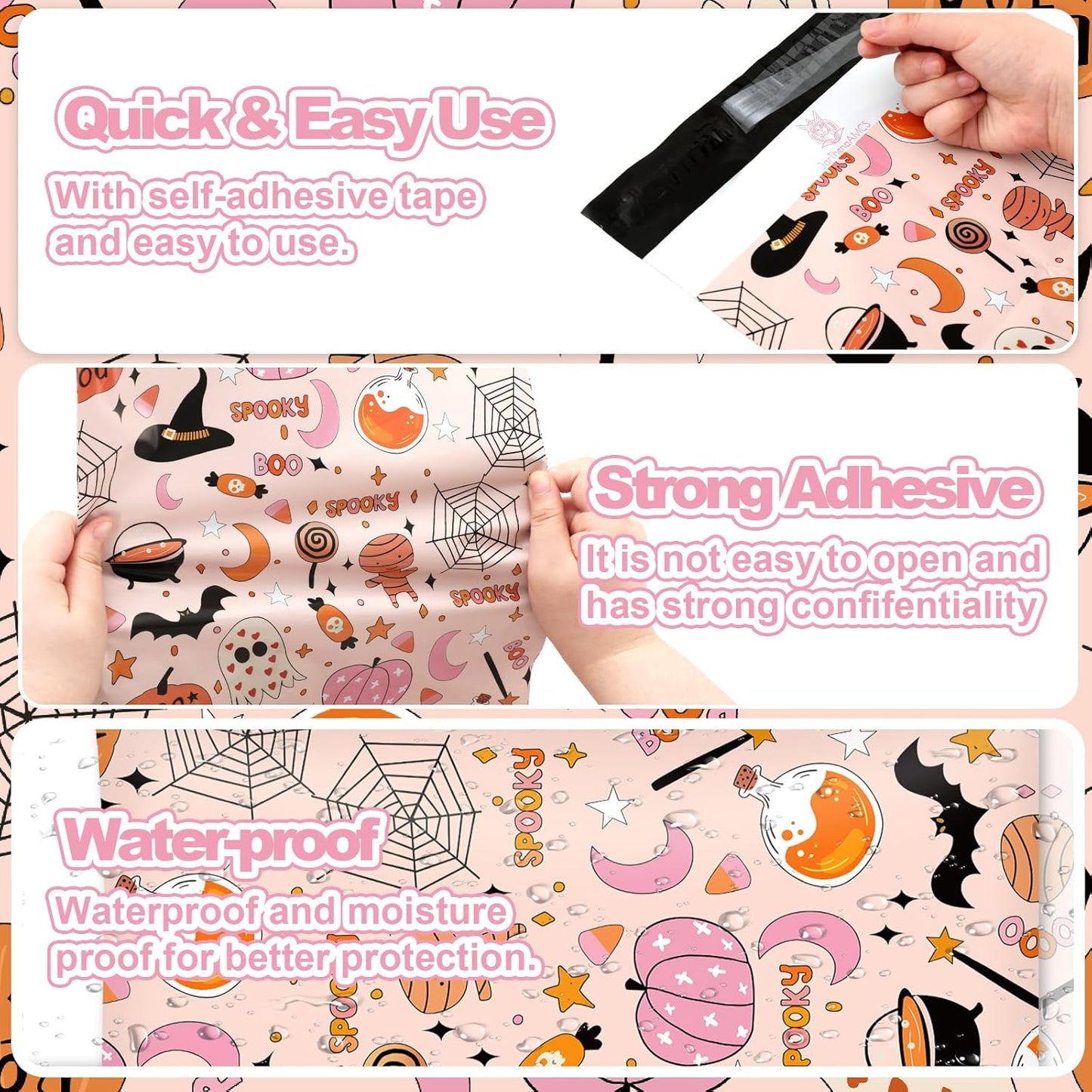 100Pcs Halloween Poly Mailers 10 x 13 Inch Pink Cartoon Spooky Pumpkin Spiderweb Packaging Bags Self Seal Mailing Envelope Bags for Small Business Clothing