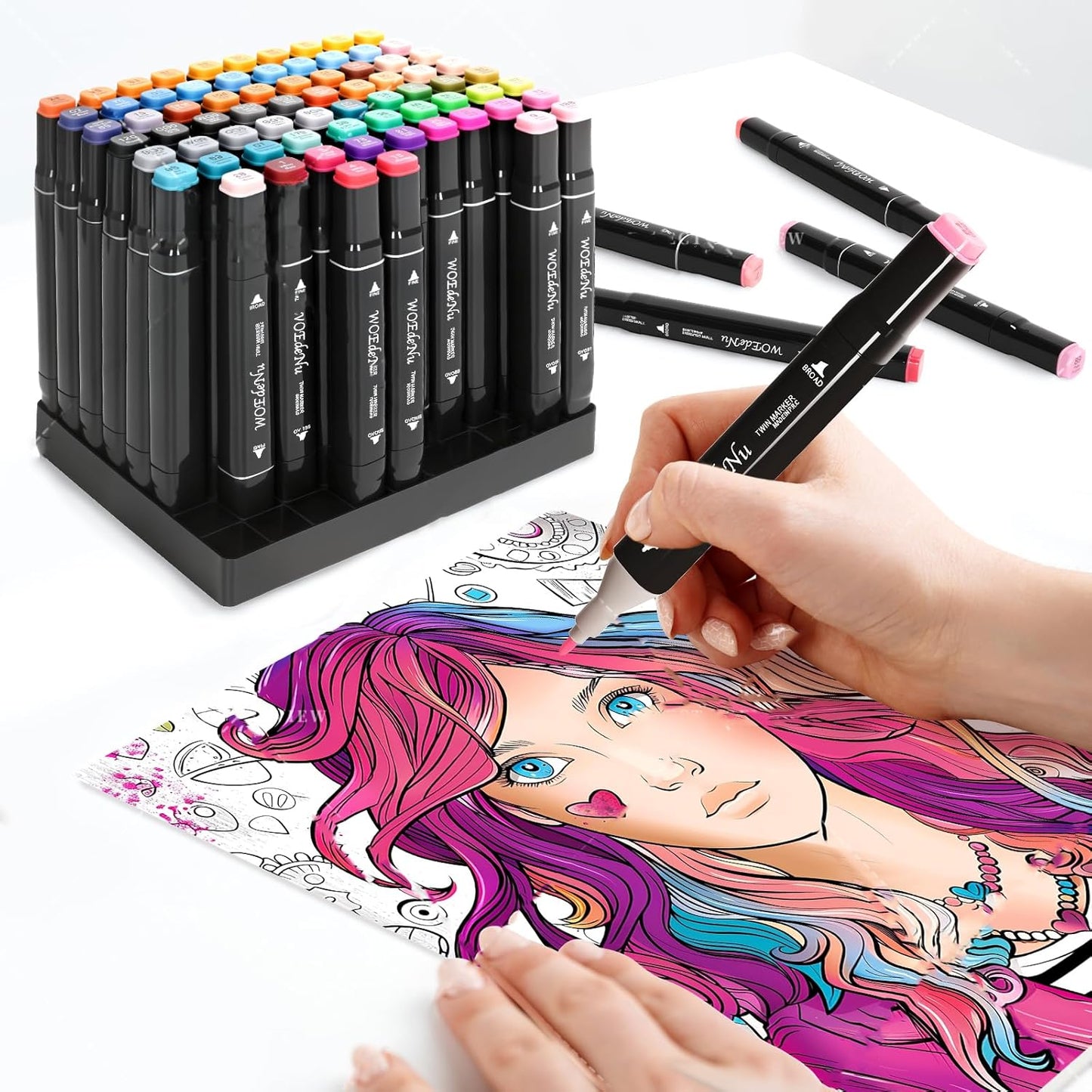 Alcohol Markers 80 Colors with Base, Dual Tip Art Markers for Adults & Kids, Fine and Broad Tips for Drawing, Coloring, Sketching, Card Making, Gift for Artists and Beginners