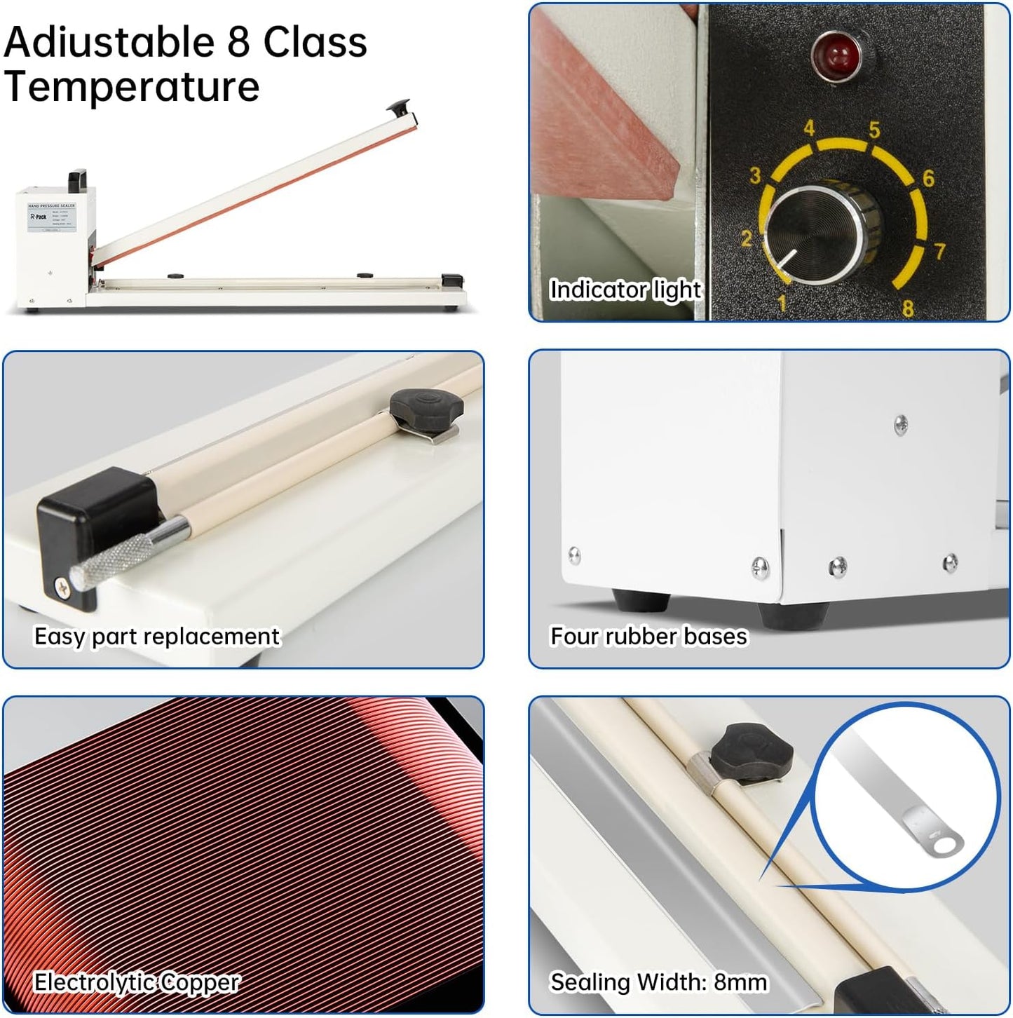 Impulse Heat Sealer with Seal bar, Heavy-Duty Bag Sealing & Cutting Machine, 8mm Sealing Width, 1 Extra Replacement (white, 18 inch)