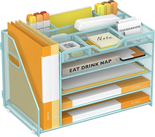 5 Tier Paper Letter Tray with File Holder and 3 Drop-in Pen Holders, Mesh Desk File Organizer with Handle, Desk Organizers and Accessories for School,Home, Office Supplies Storage-Blue