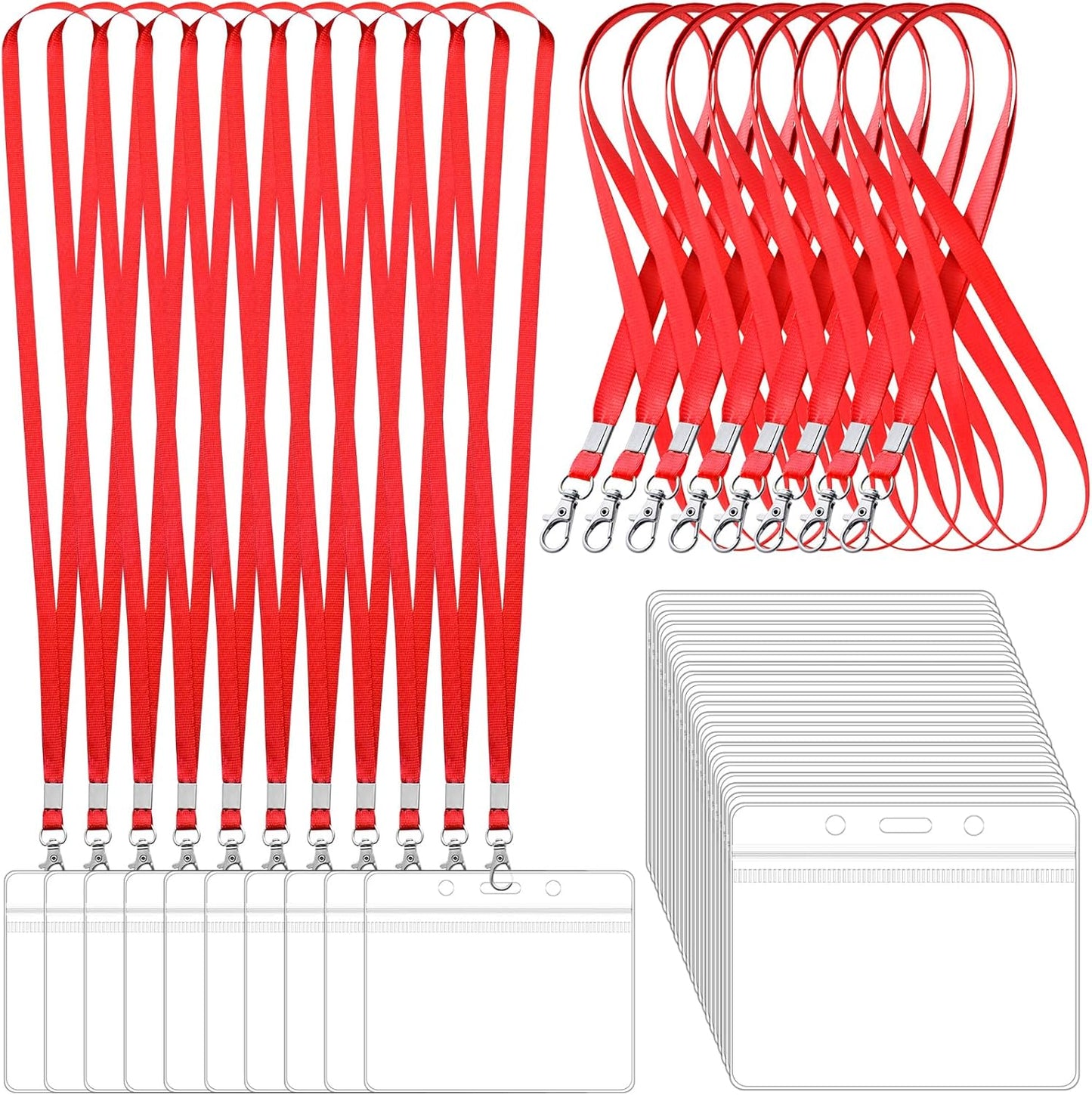 100 Pack Lanyards for ID Badges with Clear Name Tags, Reusable Lanyards Horizontal ID Card Badge Holders Plastic Name Badges for Men Women Kids Business School and Office Supplies (Red)