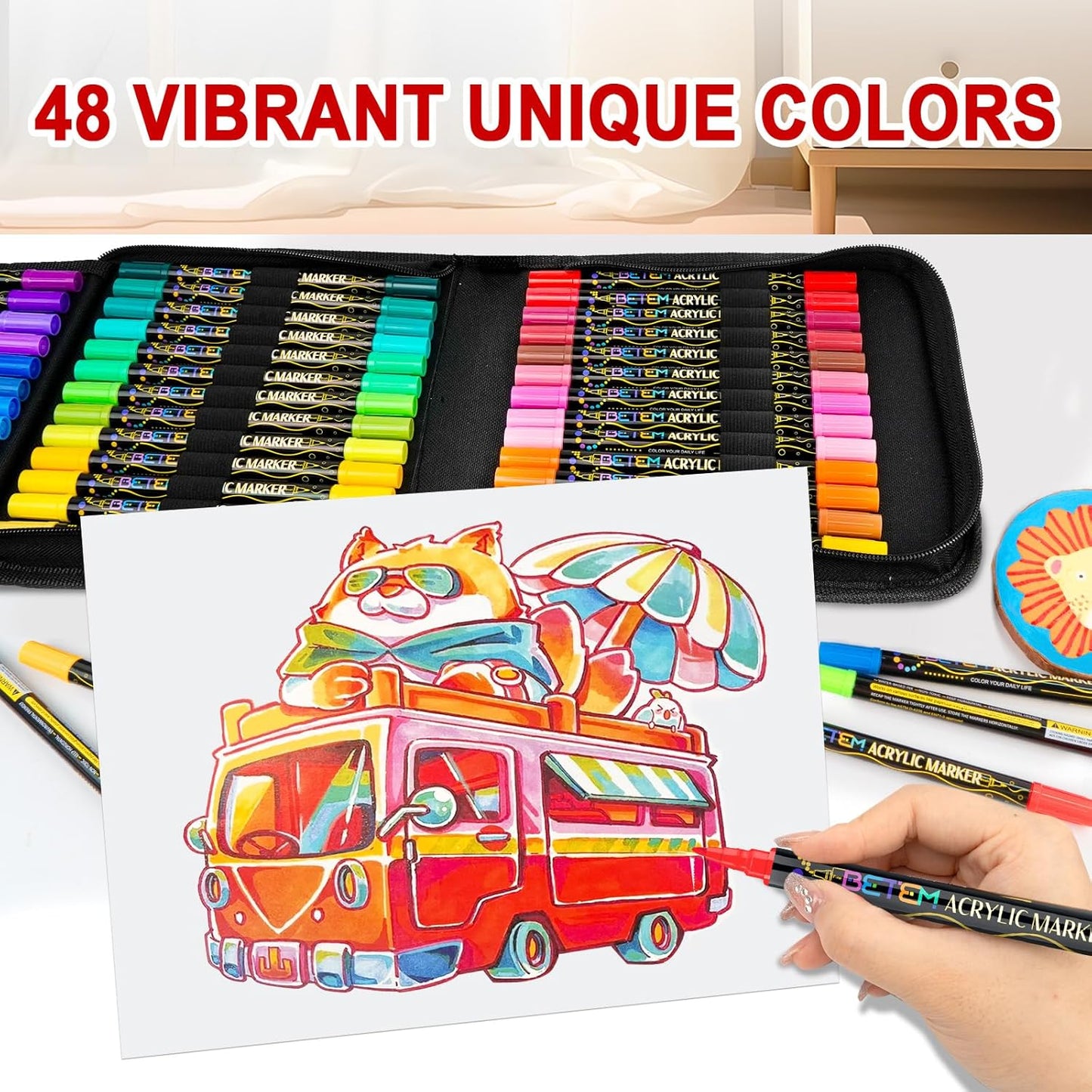 Betem Paint Markers Acrylic Paint Pens, Dual Tip 48 Colors Acrylic Markers with Brush Tip and Fine Point, Art Supplies for Wood, Canvas, Stone, Glass, Rock Painting Kit DIY Crafts Drawing Kit with Bag