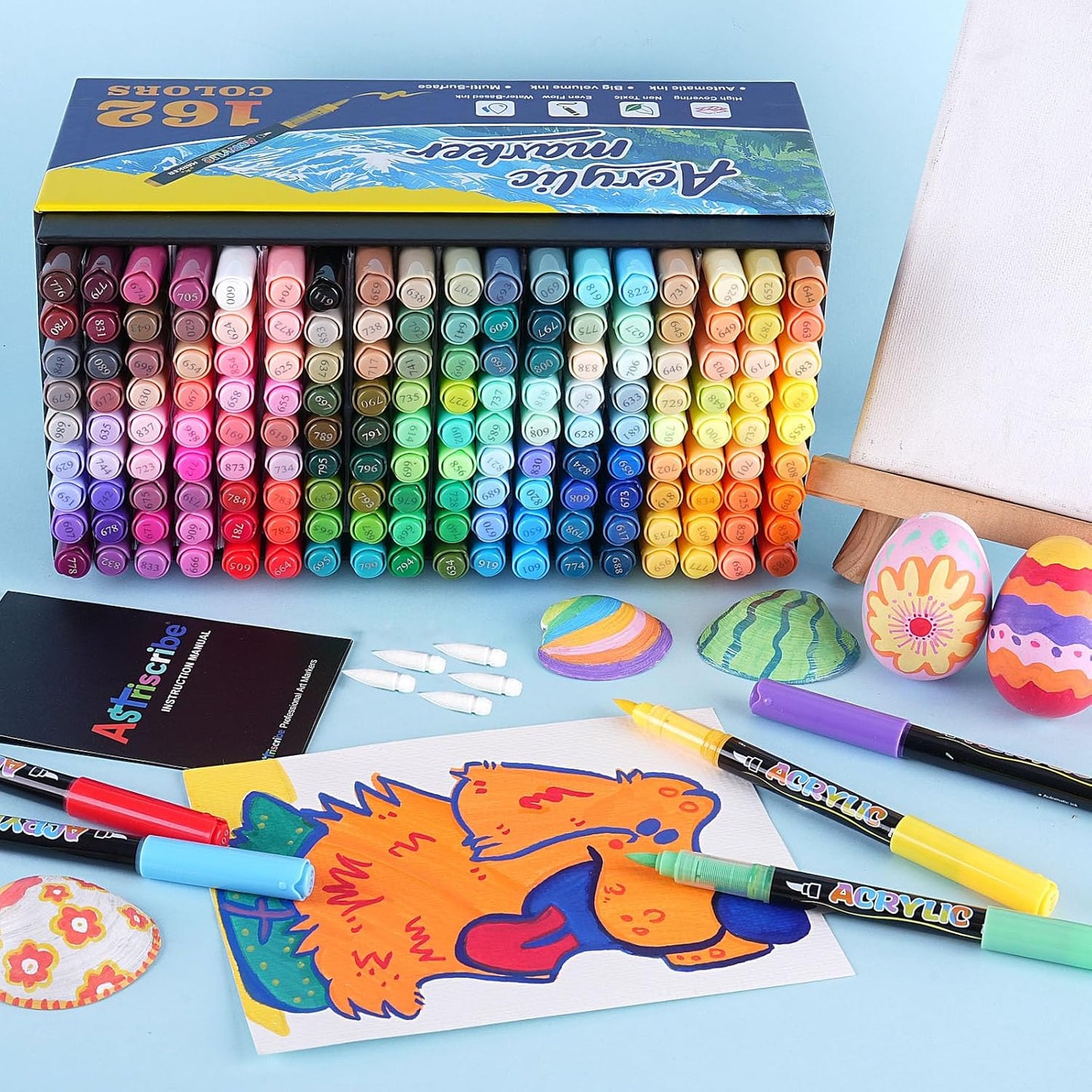 162 Colors Acrylic Paint Pens Markers, No-Bleed Brush Tip Acrylic Markers with Automatic Ink Control System, for Stone, Wood, Canvas, Ceramic, Glass, Metal, Rock Painting, DIY Crafts Art Supplies Kit