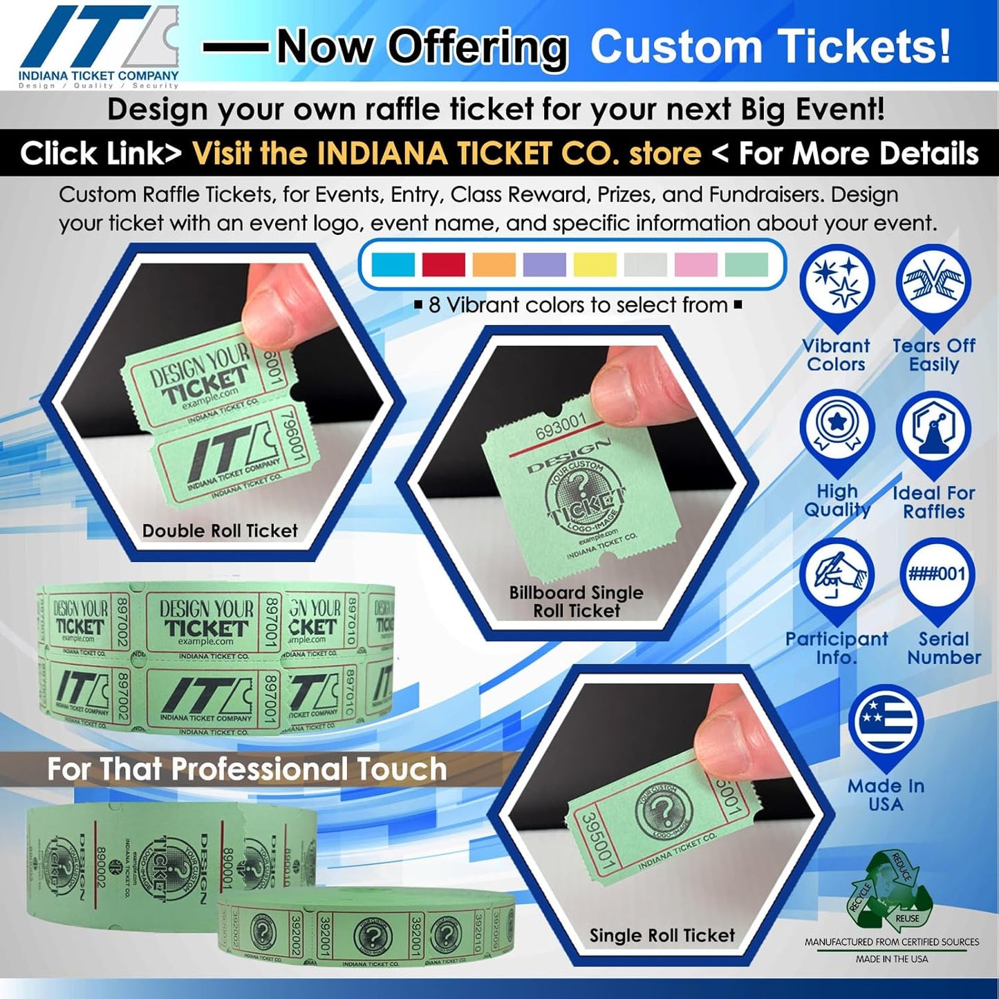 INDIANA TICKET CO. 2,000 Green Raffle Tickets Double Roll, Premium Quality 50/50 Raffle Tickets, Tickets for Events, Carnivals, Door Prizes, Drinks and More