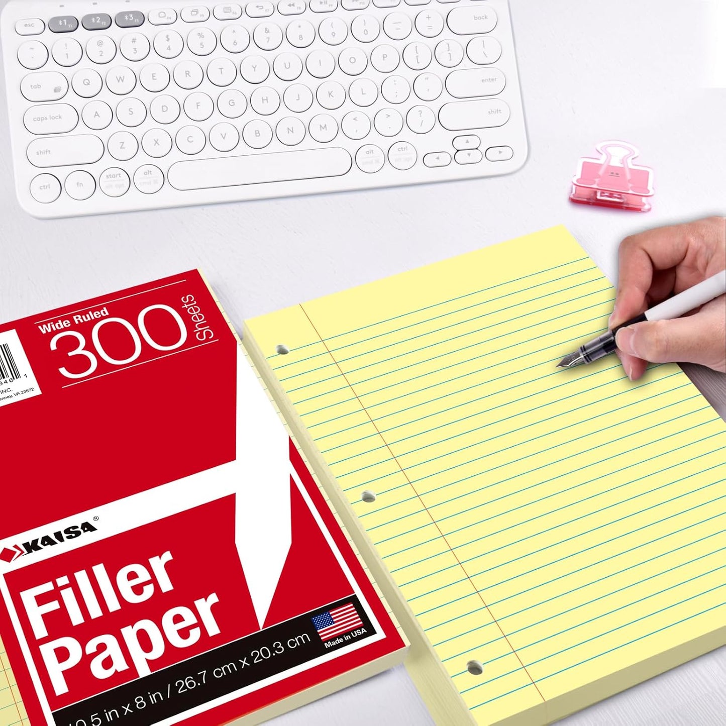 KAISA Loose Leaf Notebook Paper, Wide Ruled, 300 Sheets Per Lined Paper, 8" x 10.5", 3 Hole Punched for 3 Ring Binder, Canary, Made In USA