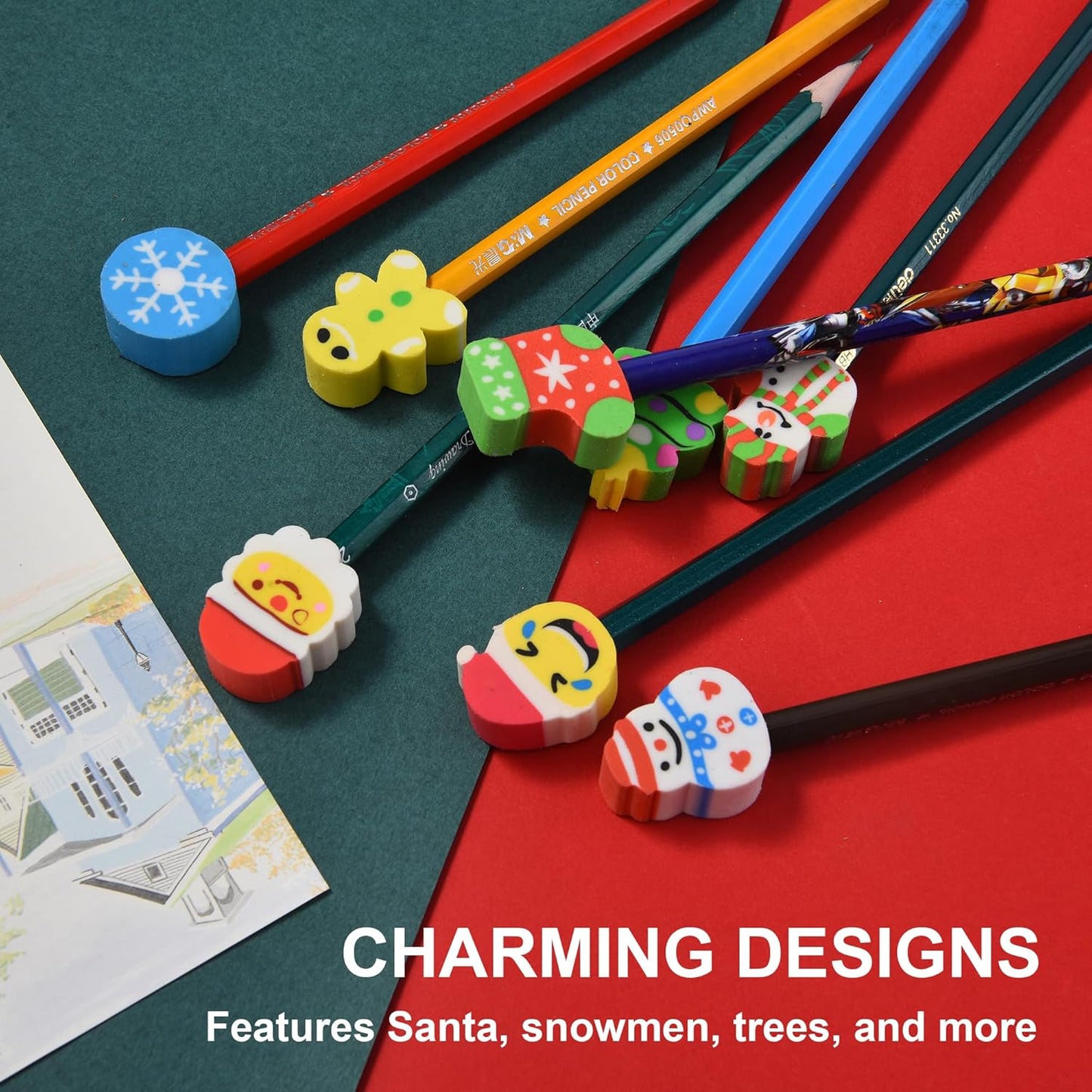 42 Pieces Christmas Pencil Top Erasers for Kids, Christmas Pencil Erasers Toppers Bulk, Cute Mini Cap Erasers for Holiday Party Favors Classroom Rewards Goodie Bags Stuffers Stocking Stuffers