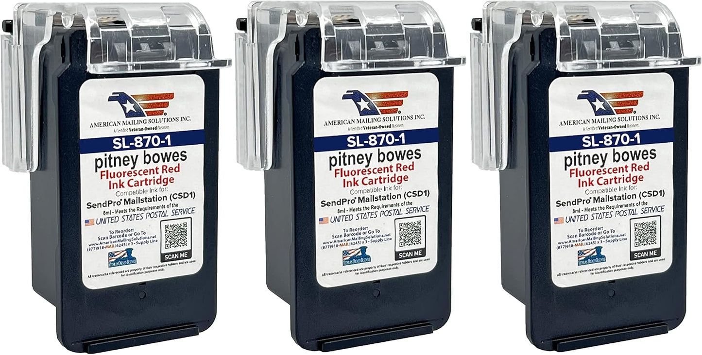 AMERICAN MAILING SOLUTIONS INC. | 3-Pack | PB SL-870-1 Red Fluorescent Ink Cartridge Replacement for SendPro Mailstation (CSD1) Postage Meter…