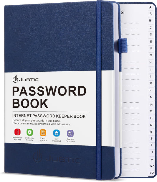 JUBTIC Password Book with Individual Alphabetical Tabs, 7"x10" Internet Password Keeper Book for Seniors, Password Notebook and Organizer/Notes Section, Navy Blue