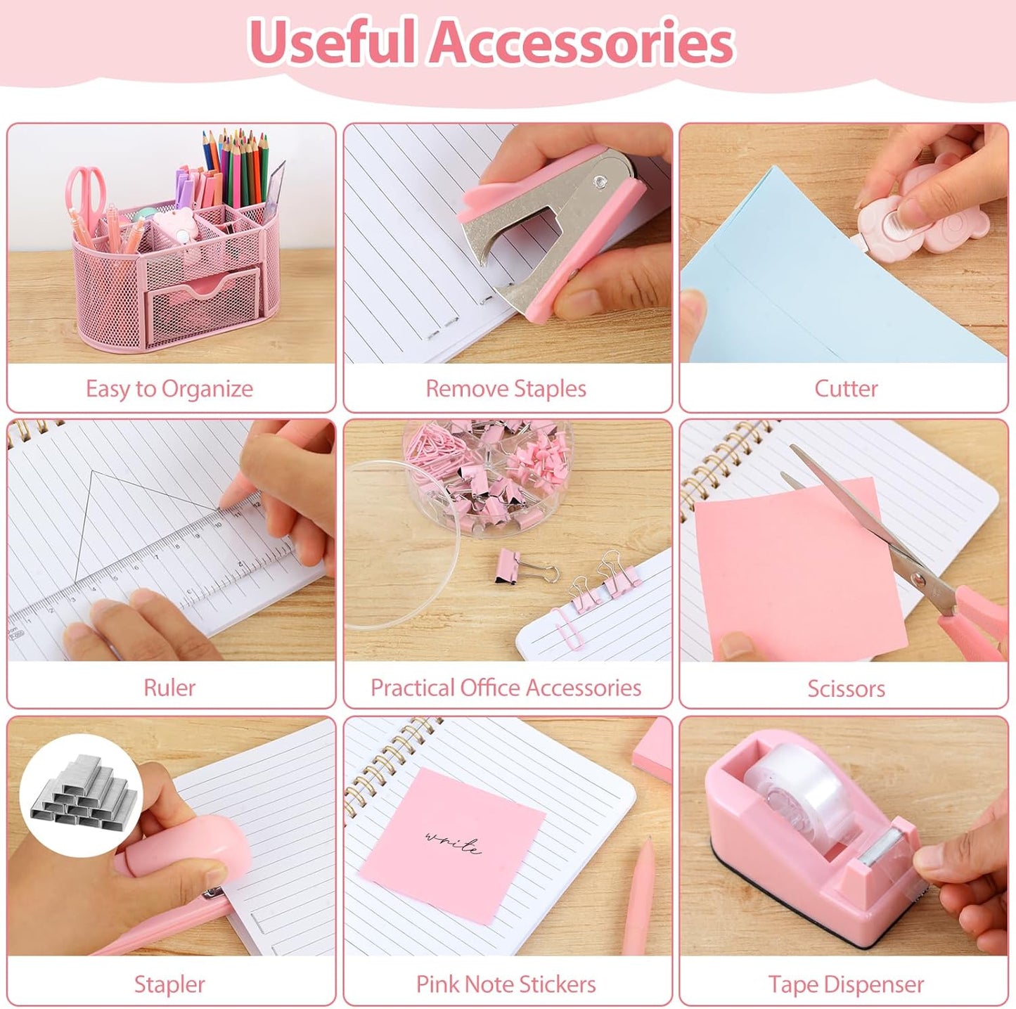 Office Supplies for Desk,14pcs Pink Desk Sets and Accessories, Office Supply Kit with Mesh Desktop Organizer and Stapler,Staple Remover, Staples,Tape Dispenser,Sticky Tabs,Scissors, Ruler