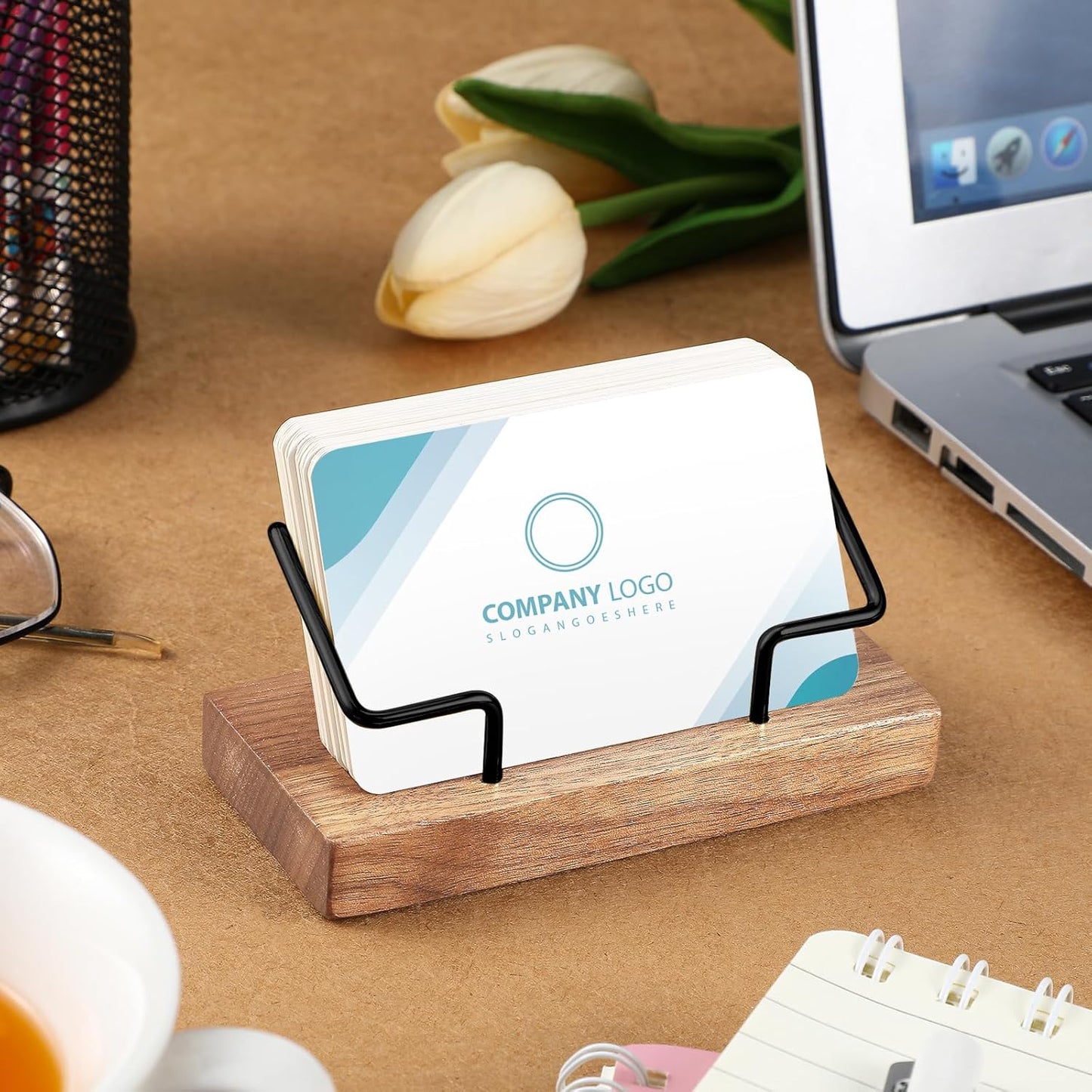 Amyhill 2 Pieces Wood Business Card Holder for Desk Wooden Business Card Display Stand Postcard Holder for Office Home Desktop (Light Wood Color, Black)