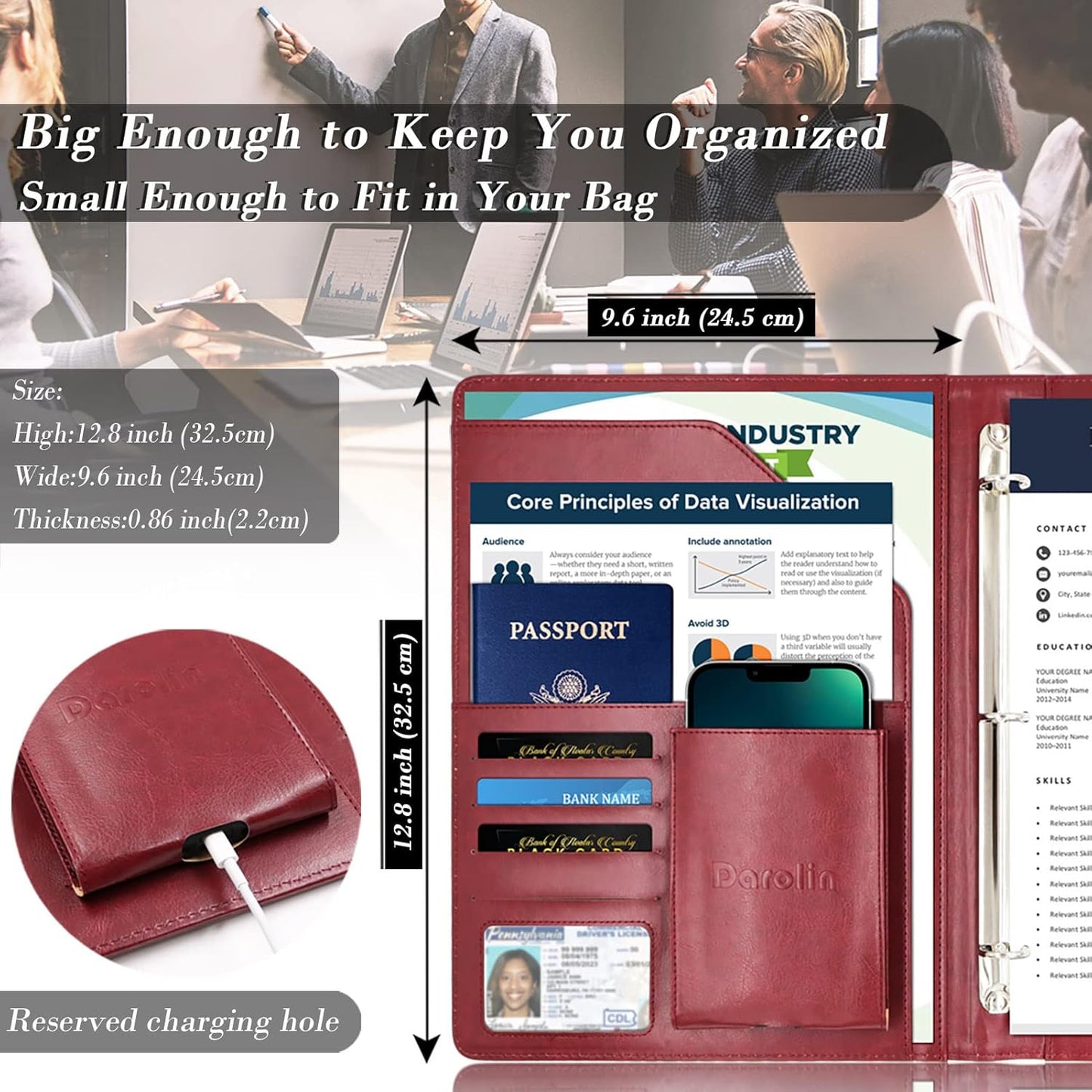 Darolin Business/Resume Padfolio with 3 Ring Binder, Interview/Conference/Legal Document Organizer, Leather Portfolio for Women/Men