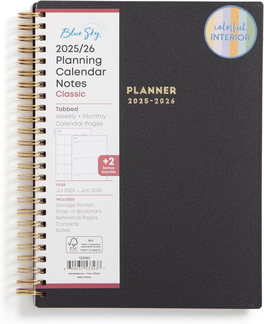 Blue Sky 2025-2026 Academic Year Weekly and Monthly Planner Calendar, July 2025 - June 2026, 12-Month, 5.8" x 8.6", Flexible Cover, Wirebound, Laminated Tabs, Storage Pocket, Black