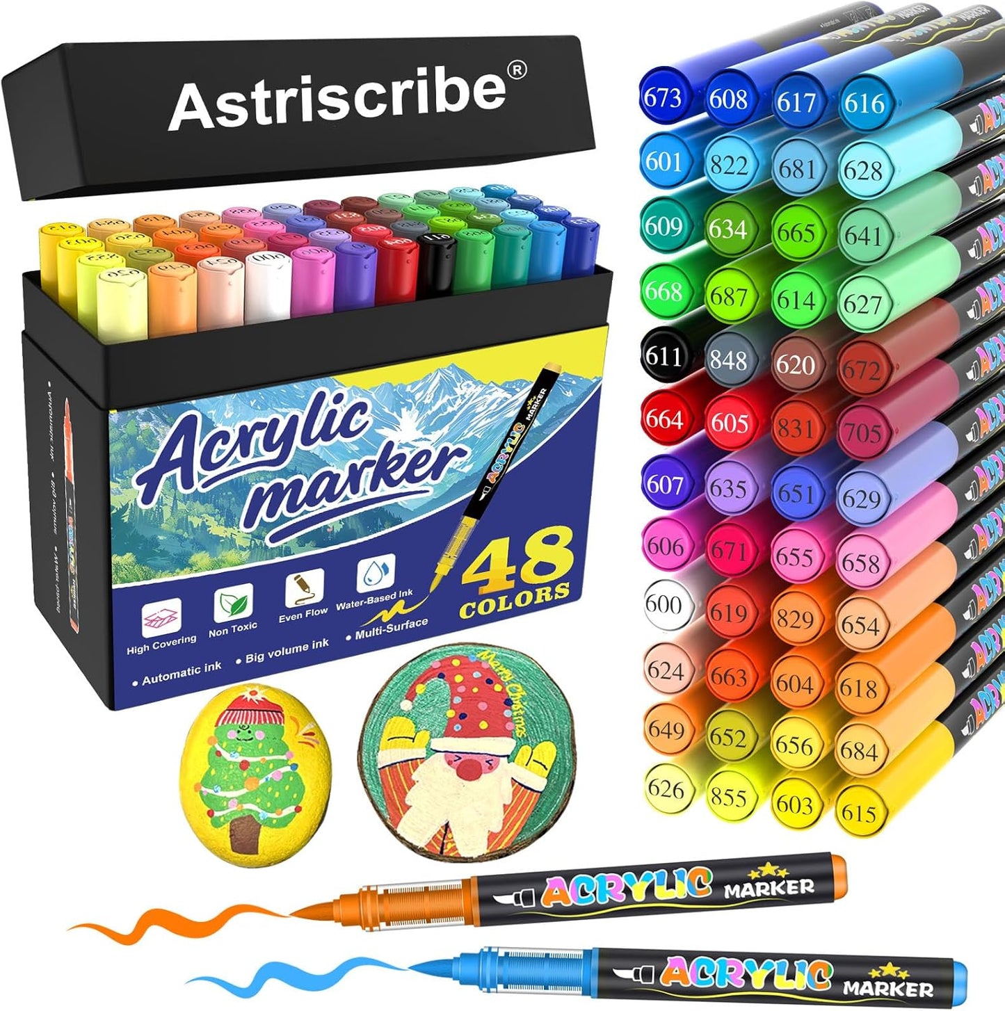 48 Colors Acrylic Paint Pens Markers, No-Bleed Brush Tip Acrylic Markers with Automatic Ink Control System, for Stone, Wood, Canvas, Ceramic, Glass, Metal, Rock Painting, DIY Crafts Art Supplies Kit