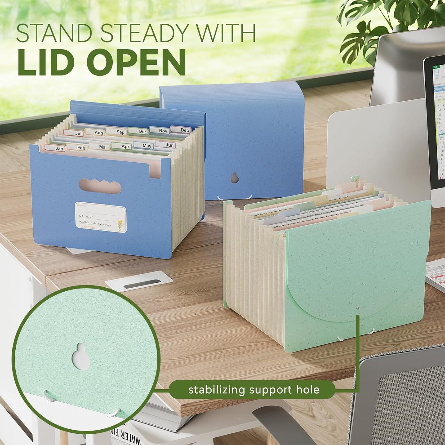 Accordion File Organizer, 12 Pockets Wheat Straw Expanding File Folder, Portable Monthly Paper Bill Tax Receipt Organizer, Letter A4 Size Document Holder，Green Office with Colorful Tab，UN Blue