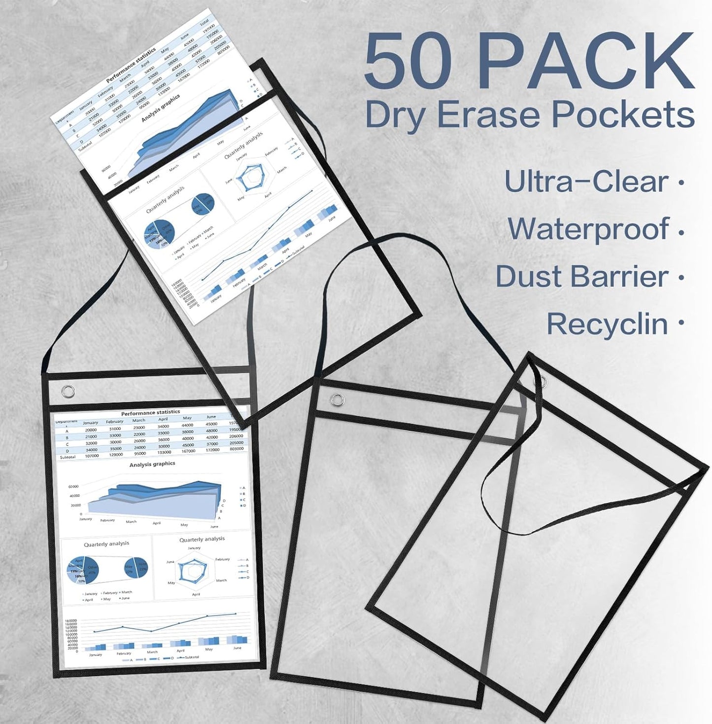 50 Pack Job Ticket Holders, Black 14 x 10 Inch Reusable Dry Erase Pocket with Strap Work Order Plastic Sleeves Shop Ticket Dry Erase Sheet Protectors for Teacher Classroom Office