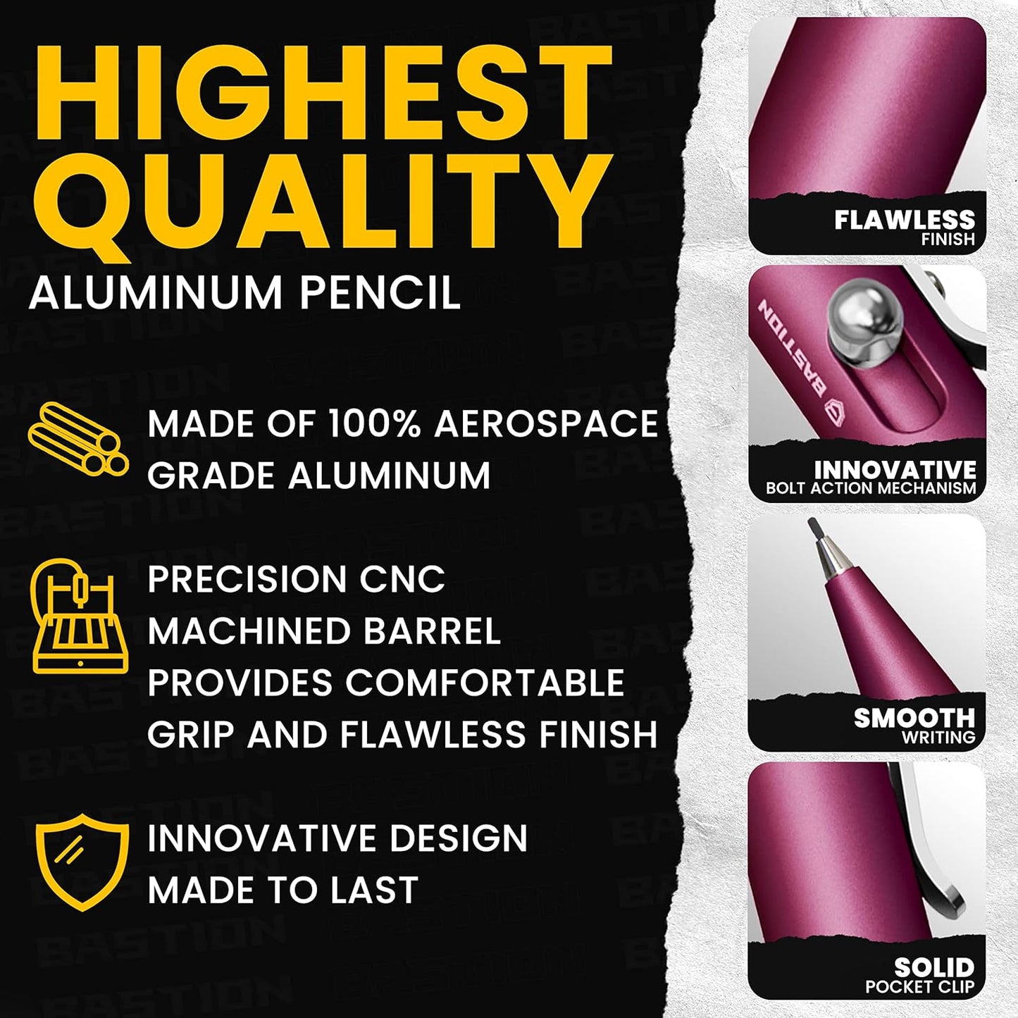 BASTION® Luxury Mechanical Pencil, Professional Lightweight Medium Point Aluminum Pencil for Birthday Gift includes 20 x 0.77mm Lead Refills - Pink