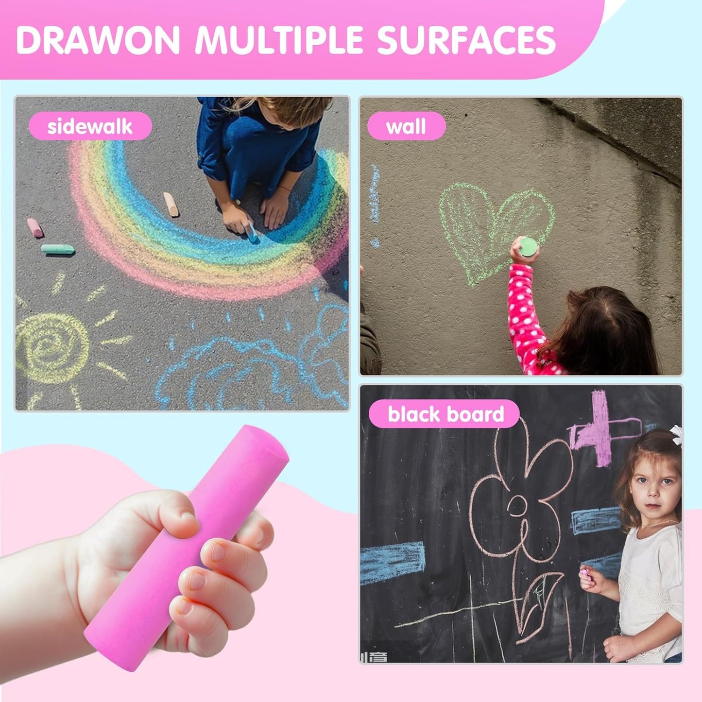 50 Pack Washable Sidewalk Chalks for Kids Non-Toxic Jumbo Chalk for Outdoor Art Play, Colored Chalk for Painting on Chalkboard, Blackboard and Playground (Rose)