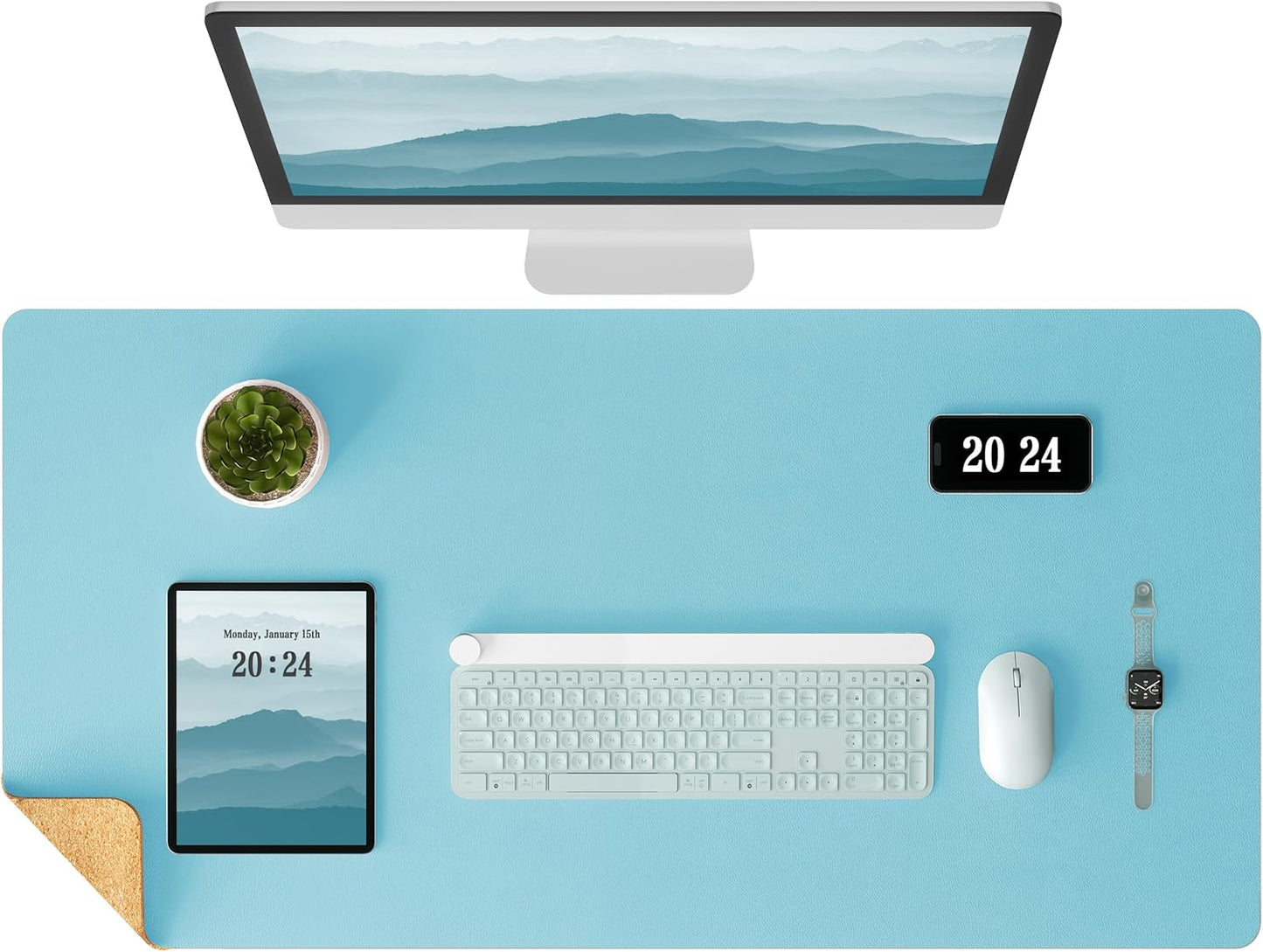 Aothia Double-Sided Desk Pad – 35.4" x 15.7" Leather Desk Mat with Eco Cork Protector, Large Mouse Pad, Waterproof Desk Blotter for Office/Home (Blue Topazn)