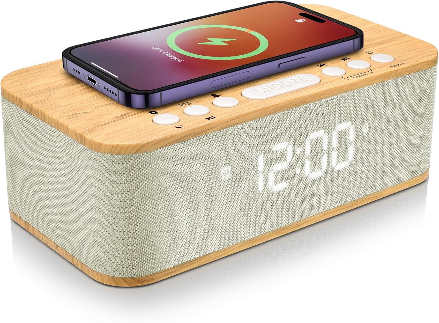 Alarm Clocks Large Snooze Button, Digital Clock USB Charger Port, Bluetooth Speaker Alarm Clock Bedroom AUX USB Bluetooth Speaker Wireless Charging 12/24H Dual Alarms Snooze Dimmer Sleep Timer, Yellow