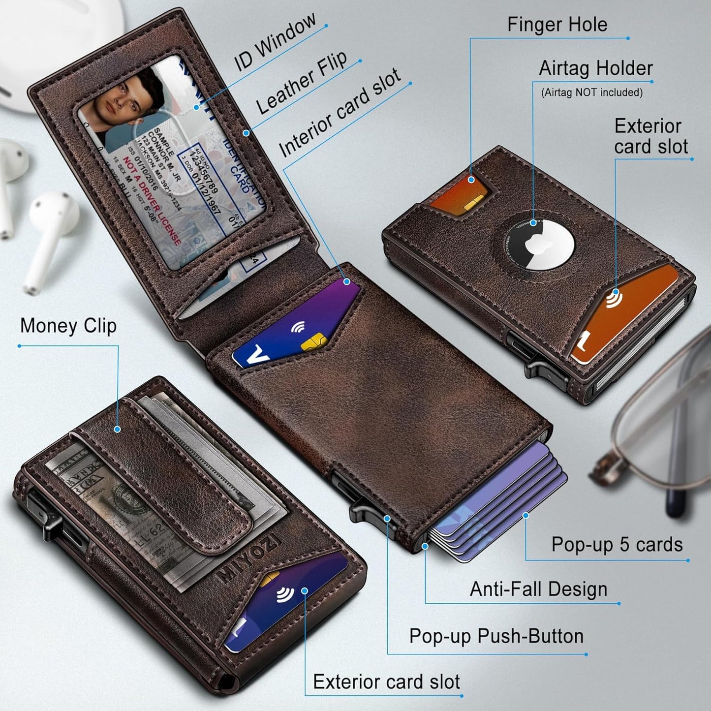 Airtag Wallet for Men,with Money Clip Gift Boxed,Slim Front Pocket Wallet RFID Blocking Metal Case Smart Pop-up Credit Card Holder in Magnetic Leather Flip