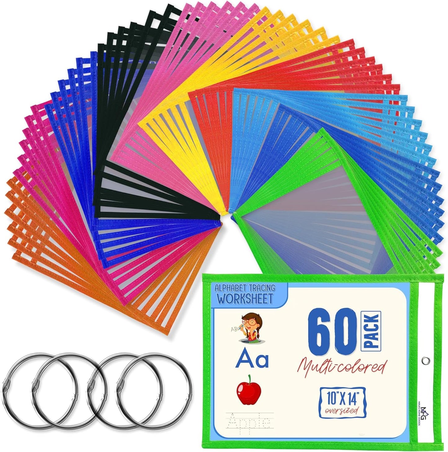 60 Packs Oversized Dry Erase Pockets Sleeves - 10 Assorted Colors with 4 Binder Rings - Dry Erase Sheets Reusable - 10x14 Ticket Holders - Clear Plastic Sheet Protectors for Classroom Teacher Supplies