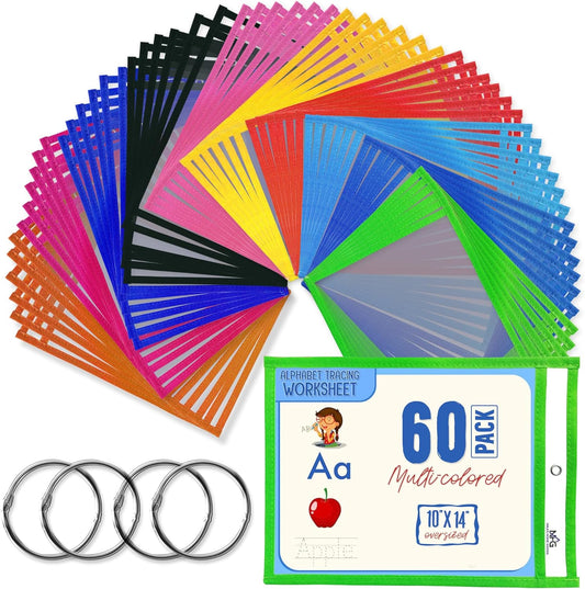 60 Packs Oversized Dry Erase Pockets Sleeves - 10 Assorted Colors with 4 Binder Rings - Dry Erase Sheets Reusable - 10x14 Ticket Holders - Clear Plastic Sheet Protectors for Classroom Teacher Supplies