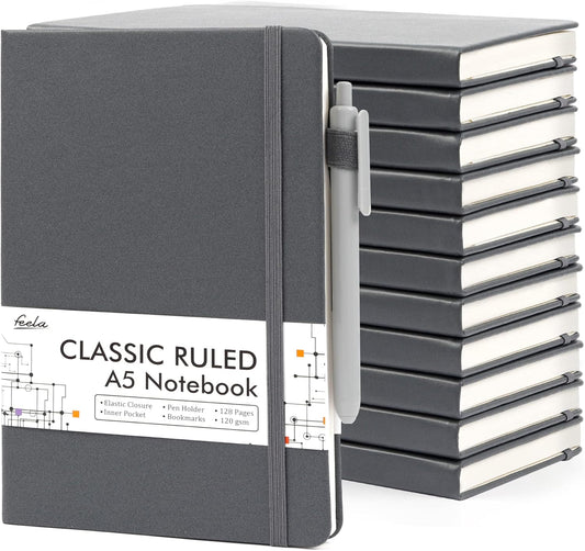 12 Pack Notebooks Journals Bulk with 12 Black Pens, Feela A5 Hardcover Notebook Classic Ruled Journal Set with Pen Holder for School Business Work Travel Writing, 120 GSM, 5.1”x8.3”, Gray