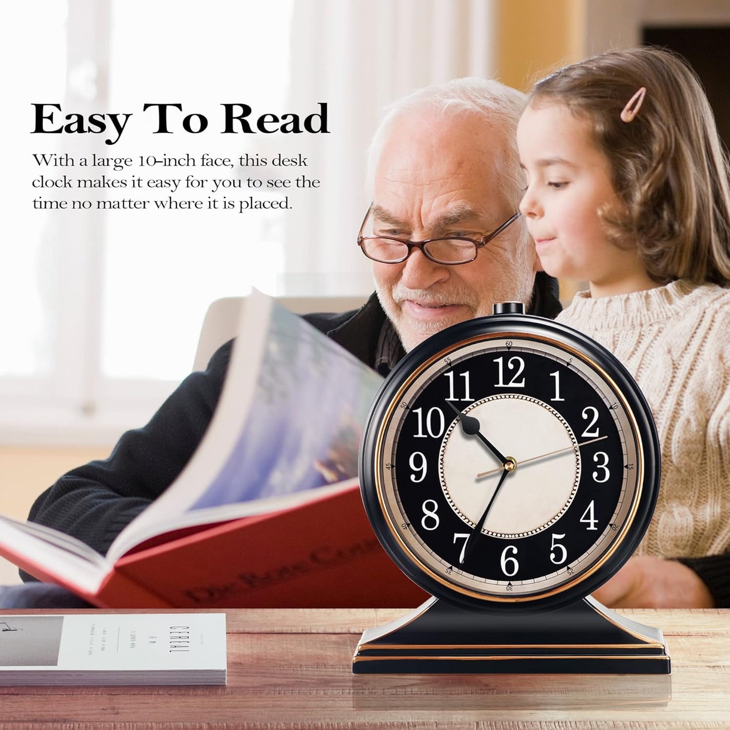 AYRELY® Vintage Desk Clock Silent-Non-Ticking 10-inch dial Table Clock,Retro Mantel Clocks and Easy to Read for Living Room, Bedroom, Shelf Decoration, Fireplace, Farmhouse Decor (Black)