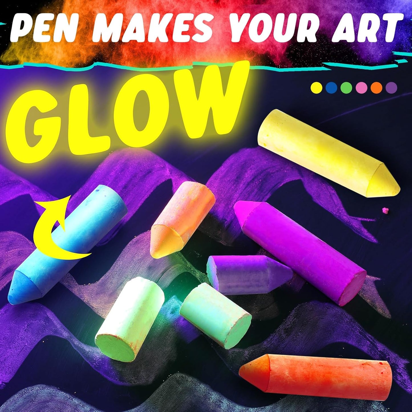 30 Pcs Glow in the Dark Chalk Under Blacklight, 6 Neon Colors Washable Dustless UV Sidewalk Chalk for Black Light Party Playground Chalkboard Birthday Gift and Outdoor Drawing (Crayon)